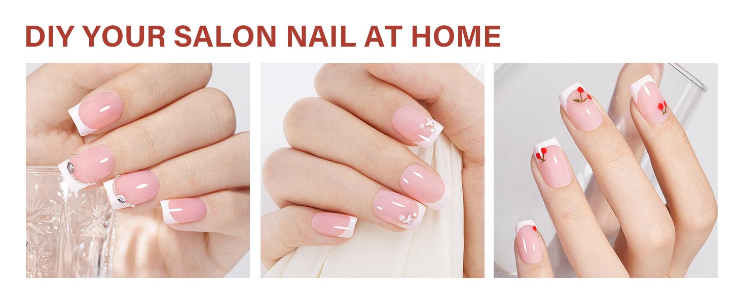 AILLSA French Tip Press On Nails - 180pcs Soft Gel Tips in Square, Stiletto, Almond, and Coffin Shapes for Easy Wear-15 Sizes Fake Nails Extensions