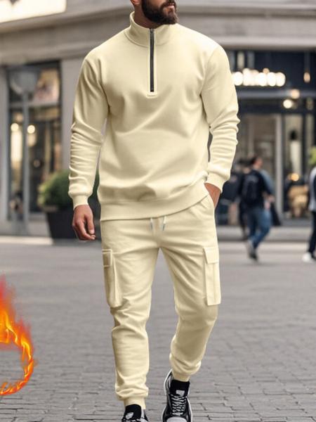 Men's Fleece Tracksuit Set - Half - Zip Mock Neck Top, Cargo Joggers, Ribbed Trim, Athletic Fit. Designed for All - Day Warmth in Winter & Casual Settings, Suitable for Outdoor Workouts, Urban Commutes & Lazy Sundays. A Must - Have for Modern Men Seeking