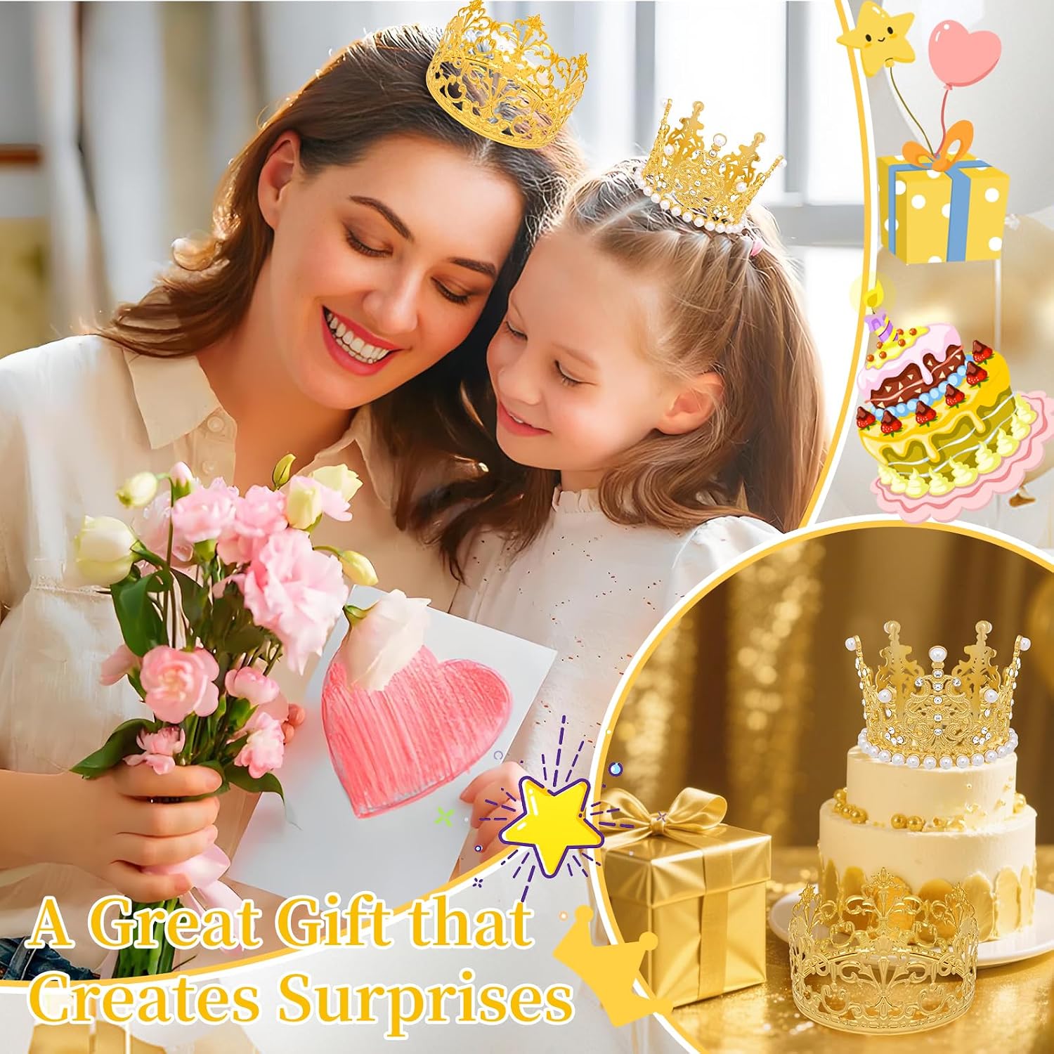 8 count Mini  Crowns Set - Small Crowns for Cake, Cupcake & Flower Bouquet Decorations| Ideal for Valentine's Day, Mother's Day, Birthday, Wedding & Anniversary