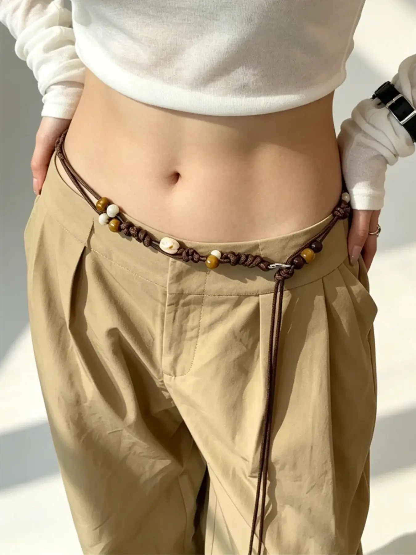 Boho Style Leather Rope Beaded Waist Belt, Adjustable Drawstring Design, Perfect for Jeans and Dresses, Elegant Thin Waistband Accessory