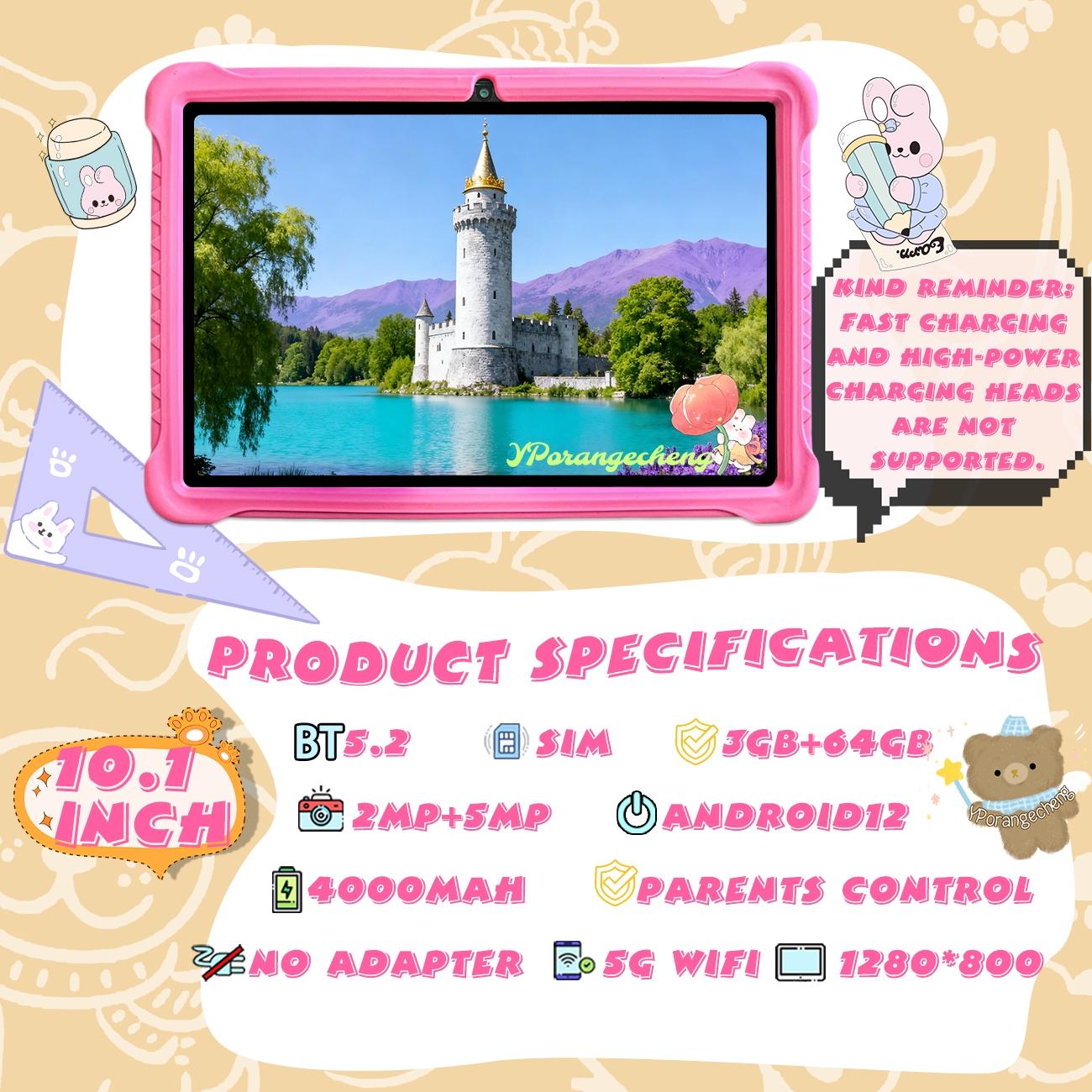 10.1 Inch Android Tablet PC Student Tablets Dual Camera Shockproof Case Student Use Parental Control Educational Features Perfect Christmas Gift