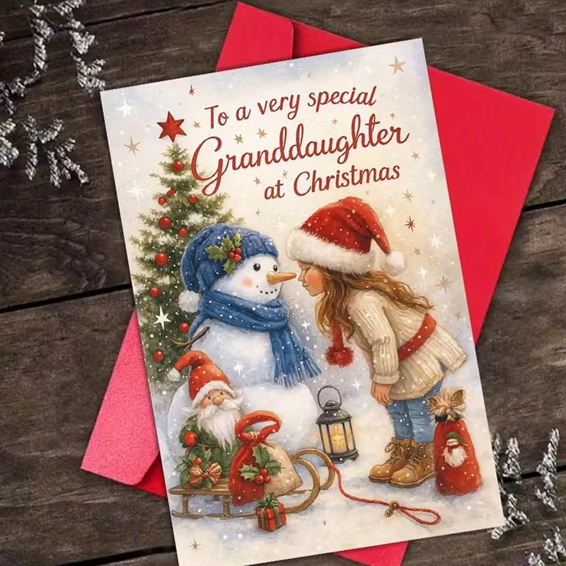 1pc Fun Christmas Card For Granddaughter With Envelope, Snowman And Granddaughter, Heartwarming Winter Scene With Snowflakes, Expressing Love And Joy In Christmas,  Perfect Grandparents Gift For Christmas, New Year, Birthday