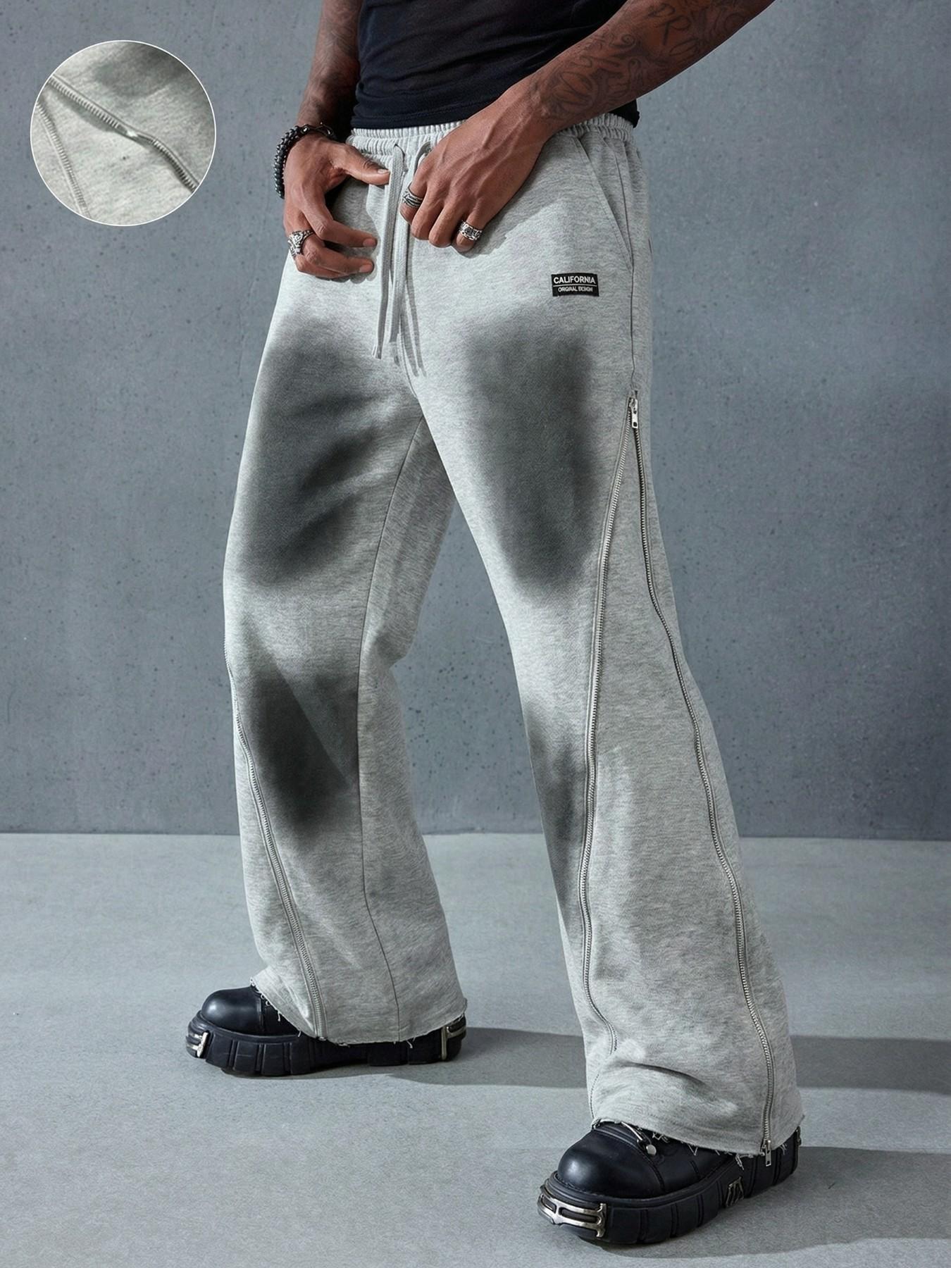 Men's Gradient Side Zipper Wide Leg Sweatpants, Y2K Streetwear Drawstring Flared Track Pants, Washed Gradient Oversized Trousers, Perfect for Street Style, Daily Wear #springsaledeals2026 #summeroutfits #tiktokshopmademebuyit #streetwear