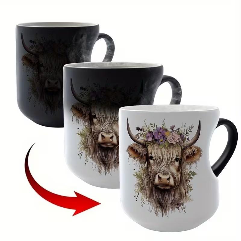 1pc Scottish Highland Cow Magical Mug with Heart-Shaped Handle & Scottish Cow Design - Funny Coffee Mug, Ceramic Tea/ Cup, Hand Wash Only, Reusable Gift for &, Birthdays, Cartoon Themed Gifts 11oz