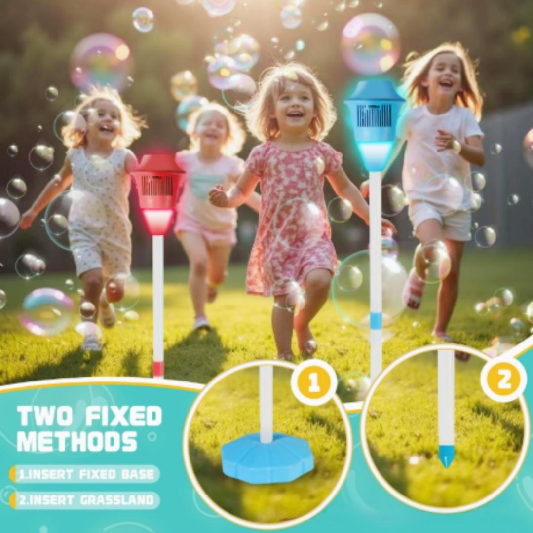 Streetlight Bubble Machine, “Torch” Bubble Machine with Music and Lights—an outdoor children's toy perfect for weddings and parties. Suitable for various occasions. Requires 3 AA batteries (not included). Recommended for ages 3 and up. Comes in a box.