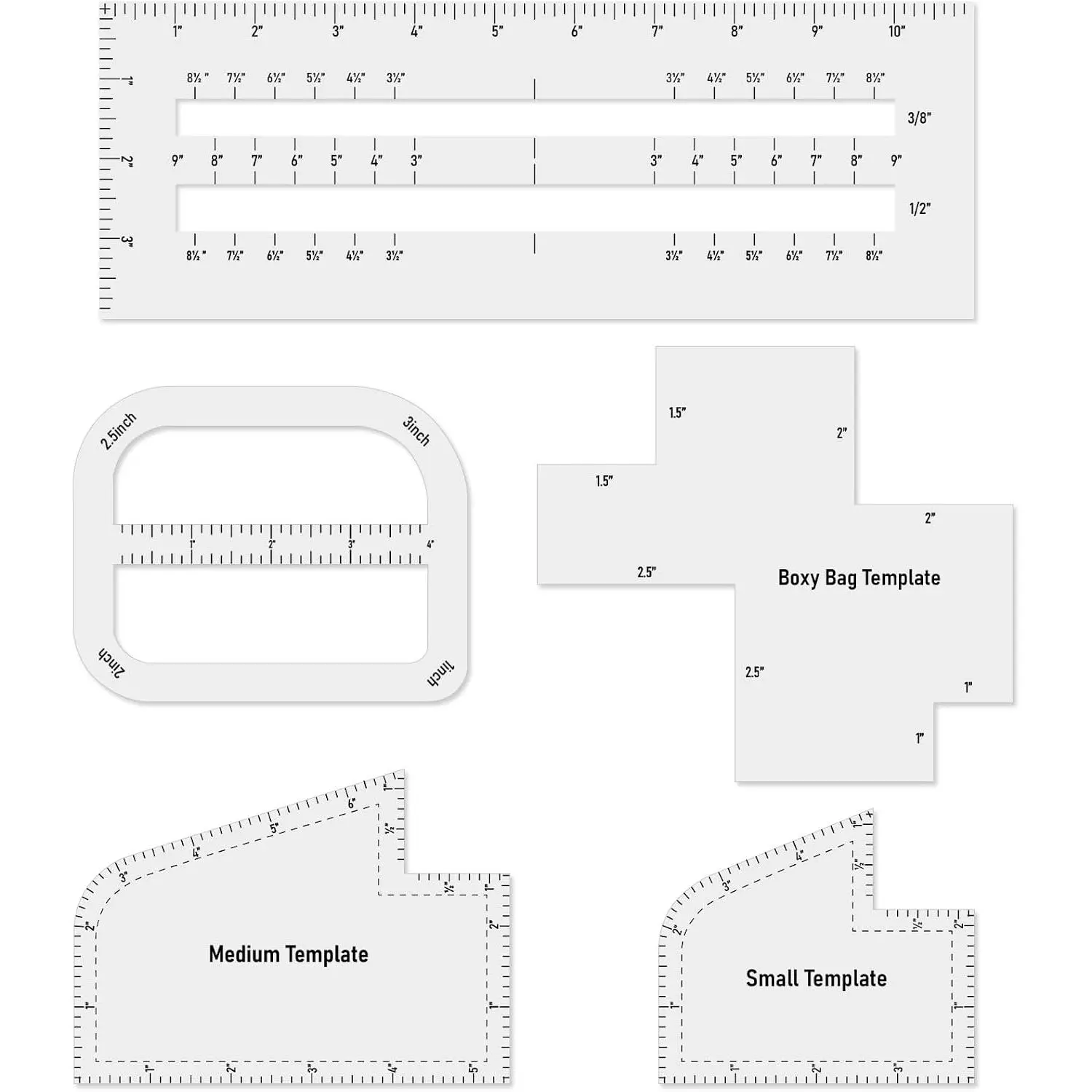 5-Piece Sewing Ruler & Acrylic Template Set for Bag Making, Zipper Pocket & Boxy Bag Patterns, DIY Sewing Supplies