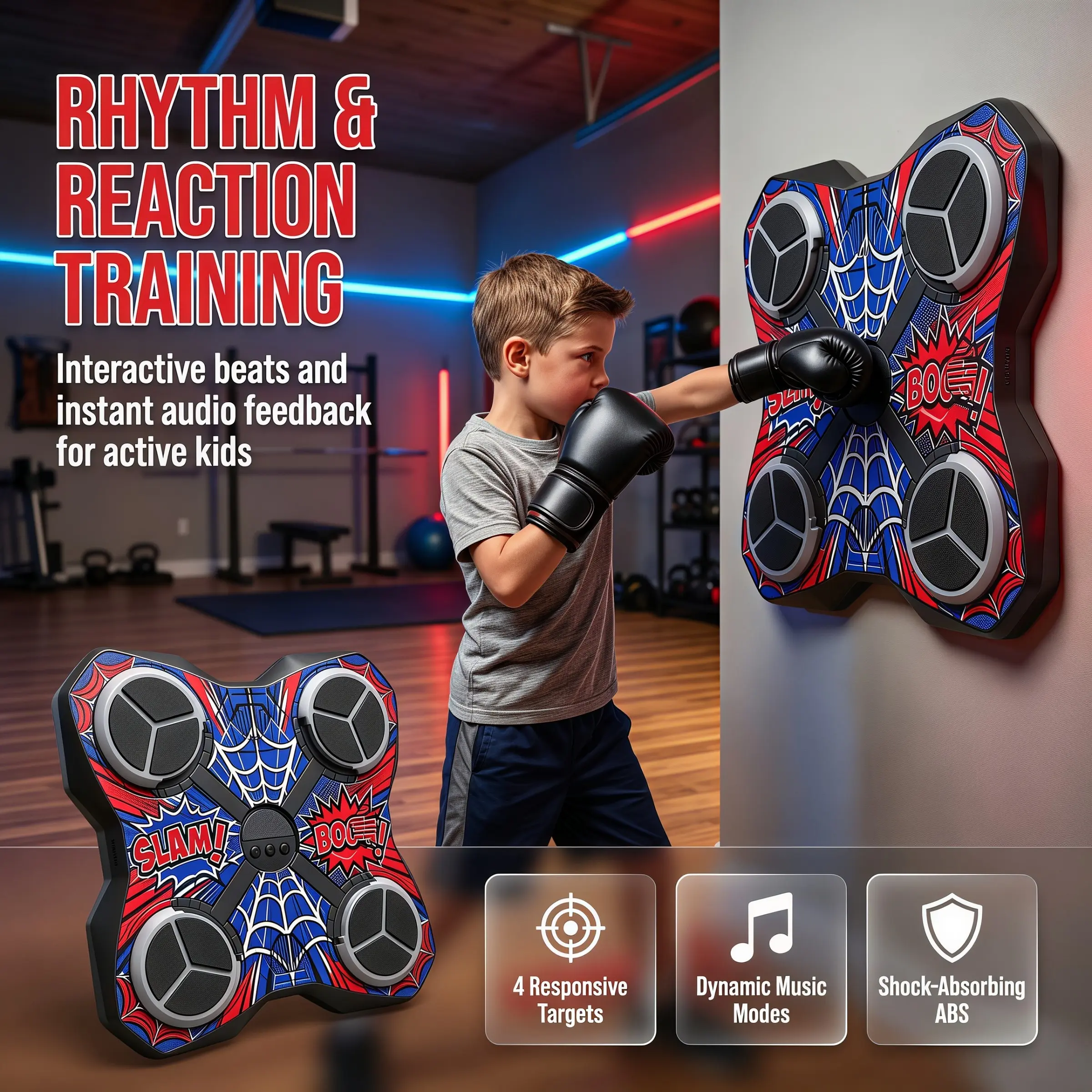 1 Pack Spider Web Interactive Boxing Mat | Ages 3+ | ABS Safe Durable | Home School Commercial Use | Gift Box & Charging Cable | Halloween Día de los Muertos Christmas Stock Must-have | Interactive Boxing Trainer
