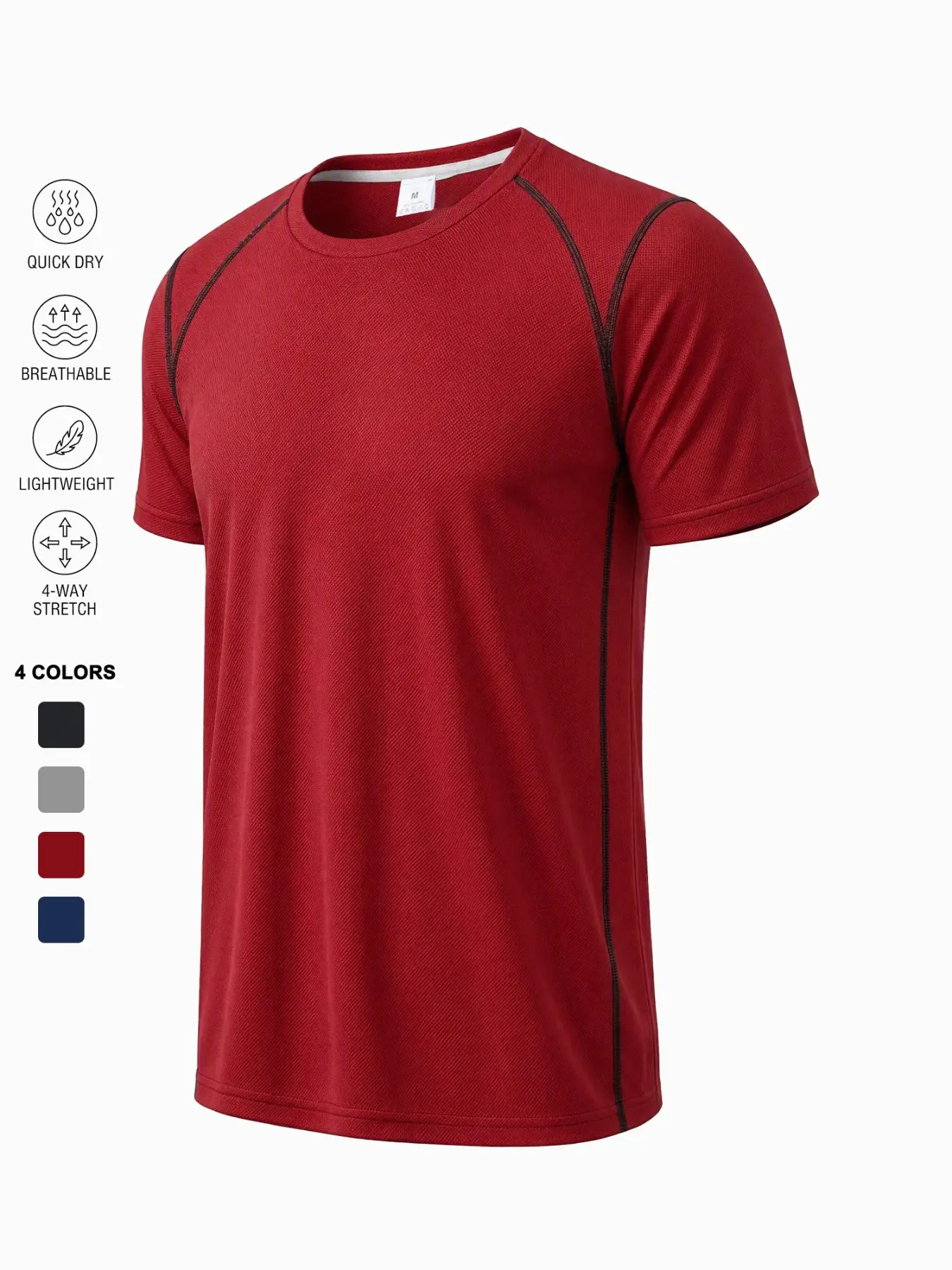 Men's Tactical Style Round Neck Short Sleeve T-Shirt, Colorblock Shoulder Pockets, Four-Way Stretch Polyester, Breathable Lightweight Sportswear, Dry Fit Performance