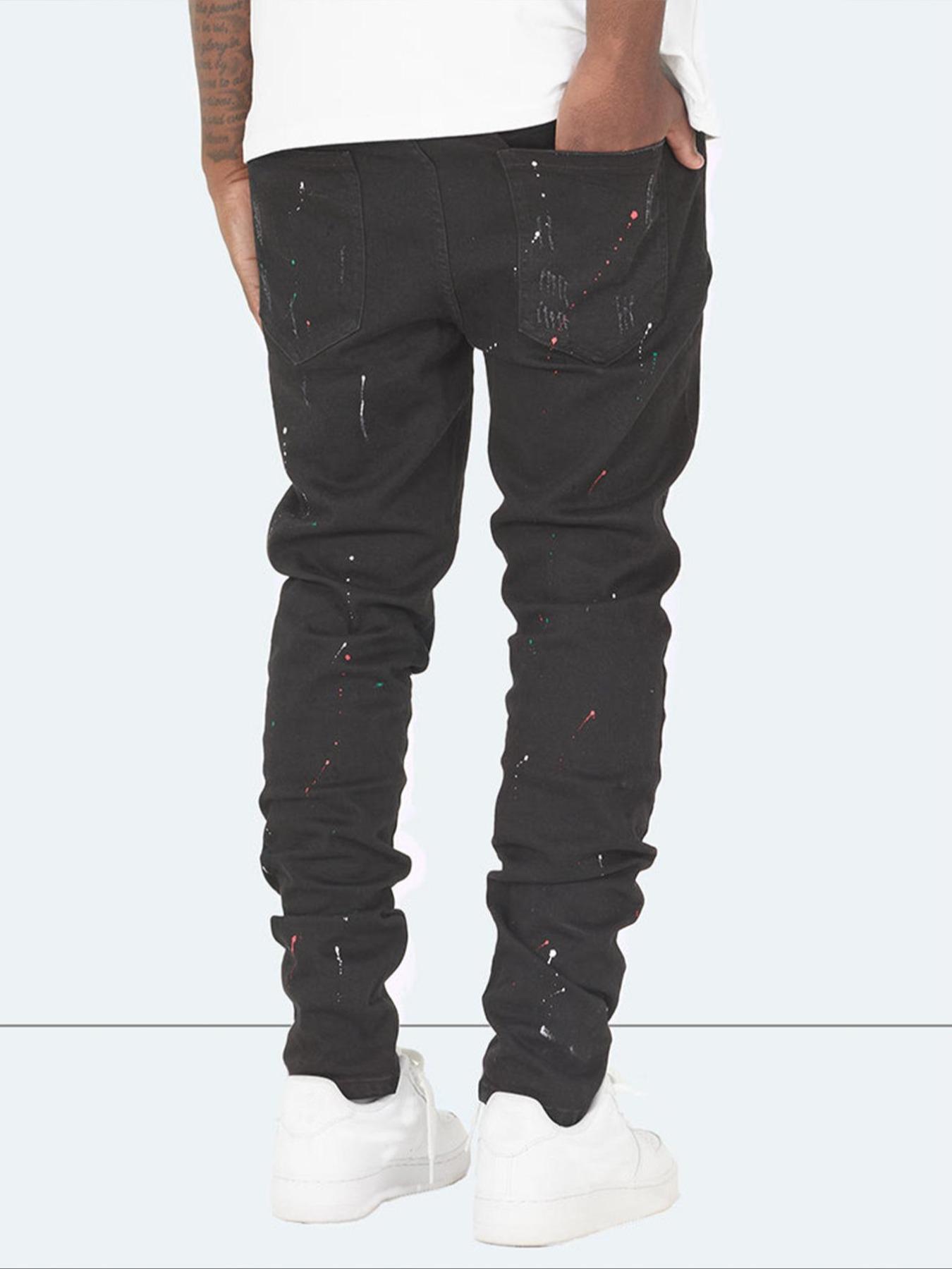 Men's Slim Fit Jeans, Ripped Distressed Colorful Splatter Design, Trendy Tight Street Style, All-Season Fitted Fashion Pants