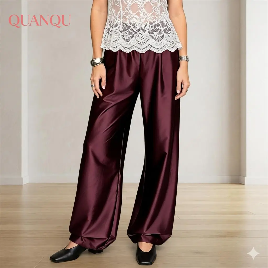 Women's Satin Pants High Waist Solid Color Loose Wide Leg Trousers