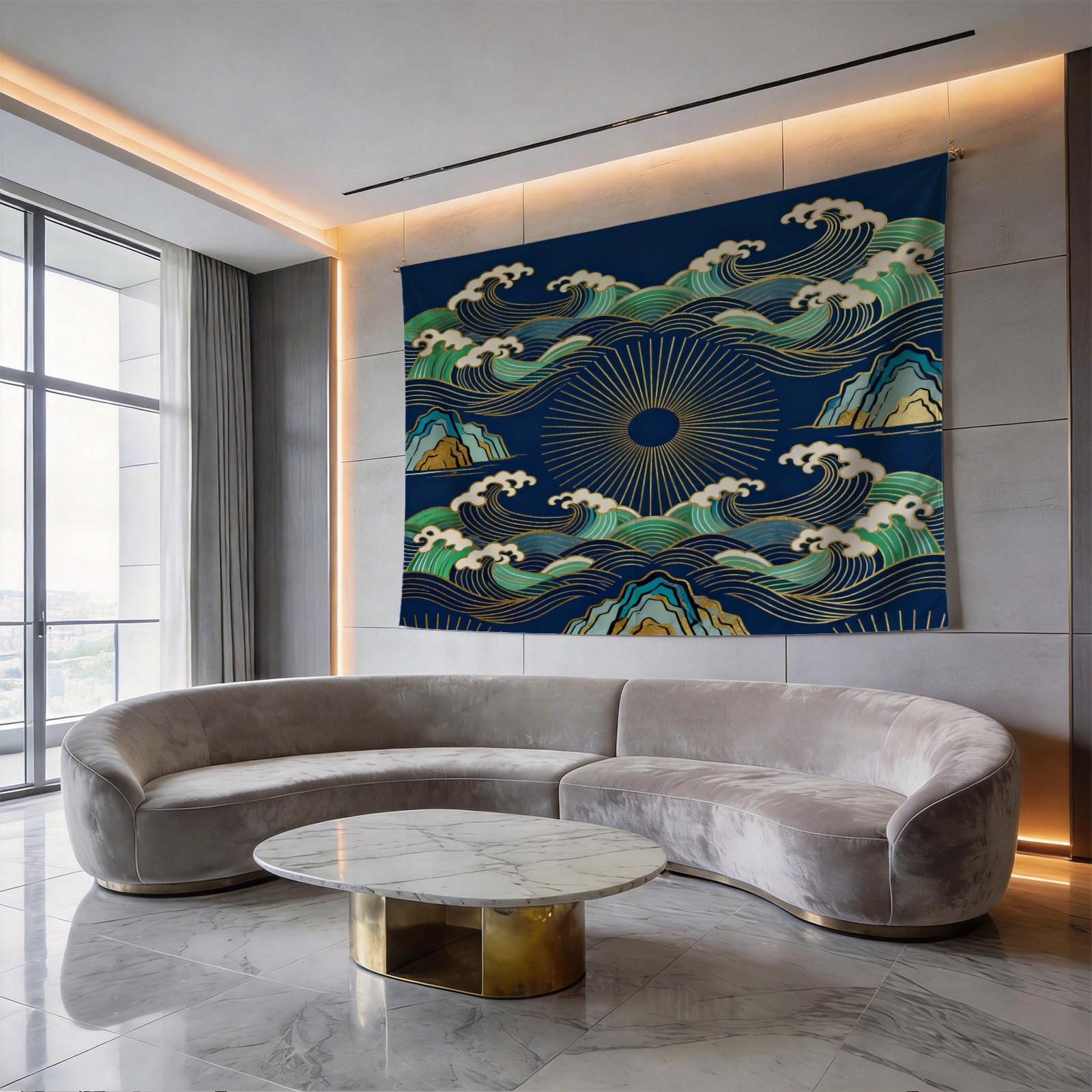 1 Piece Japanese Wave Sun Tapestry, Navy Blue Gold Foil Great Wave HD Digital Print Wall Hanging, Boho Polyester Tapestry, Lightweight Fade-Resistant, Easy to Hang for Bedroom, Living Room & Dorm