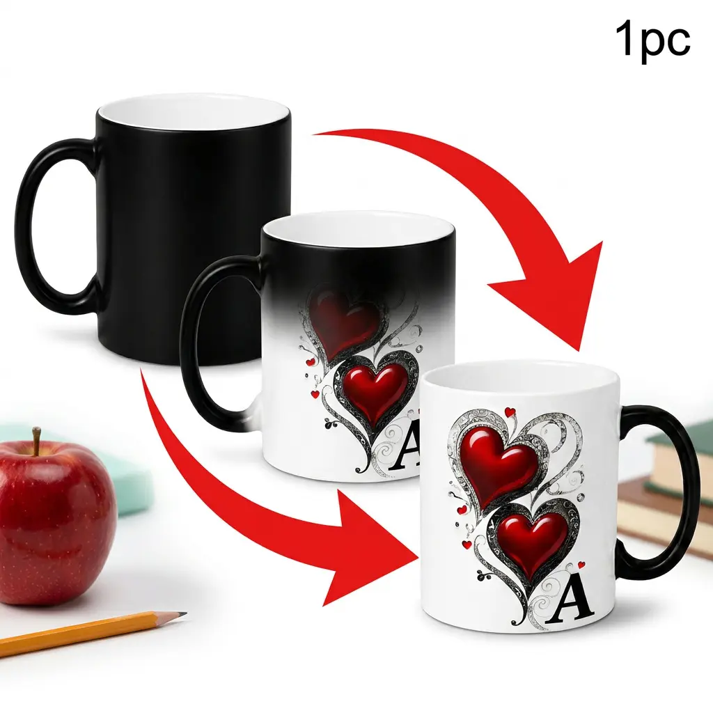 11oz Initial Letter A Printed Color Changing Ceramic Coffee Mug - Heat Reveal Heart Print Drinkware, Washable Birthday Gift Idea for Drink Lovers
