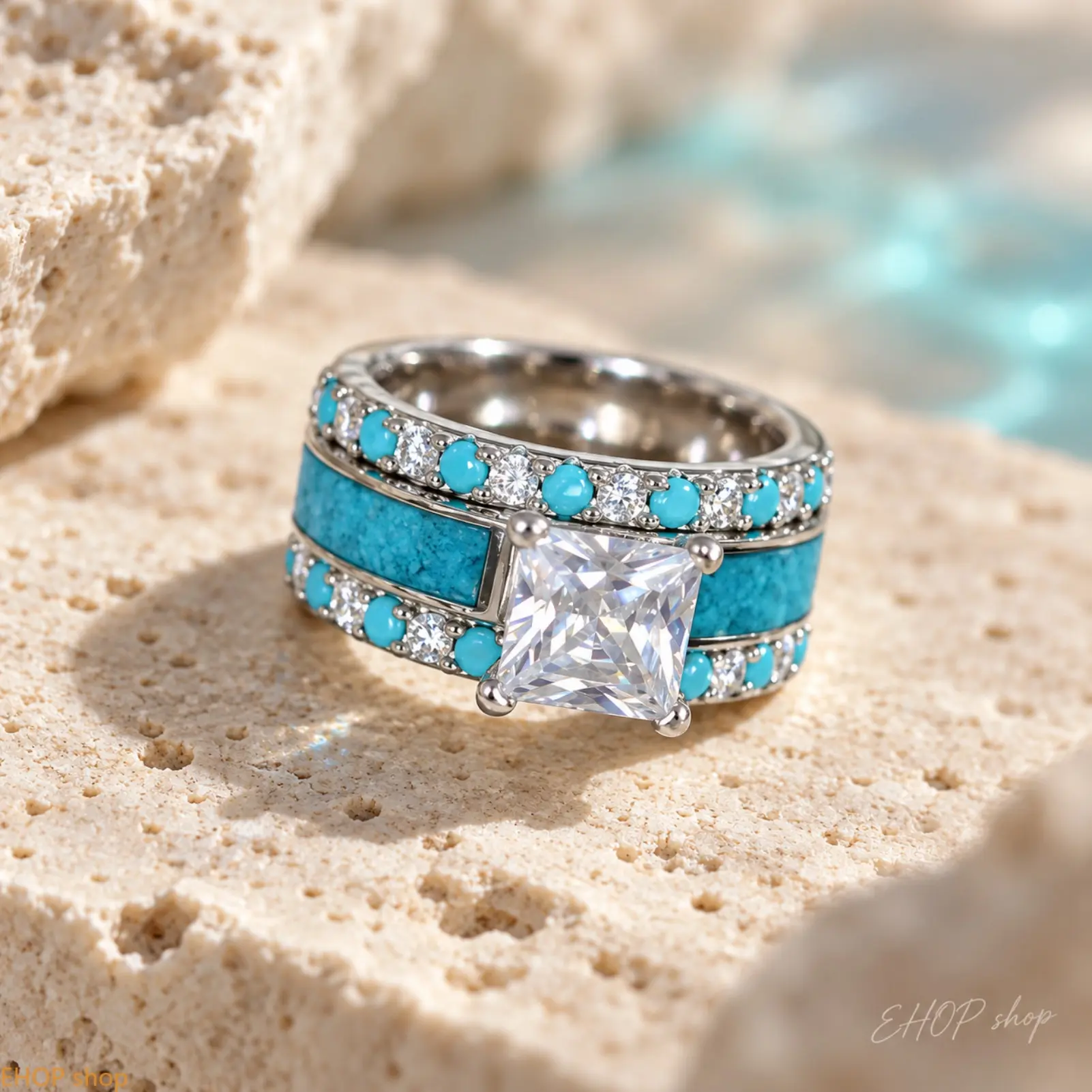 Western Style Princess Cut Ring for Women, Turquoise Blue Inlay Band with Cubic Zirconia, Vintage Boho Wide Statement Ring, Silver Tone Fashion Jewelry for Daily Wear Party Gift