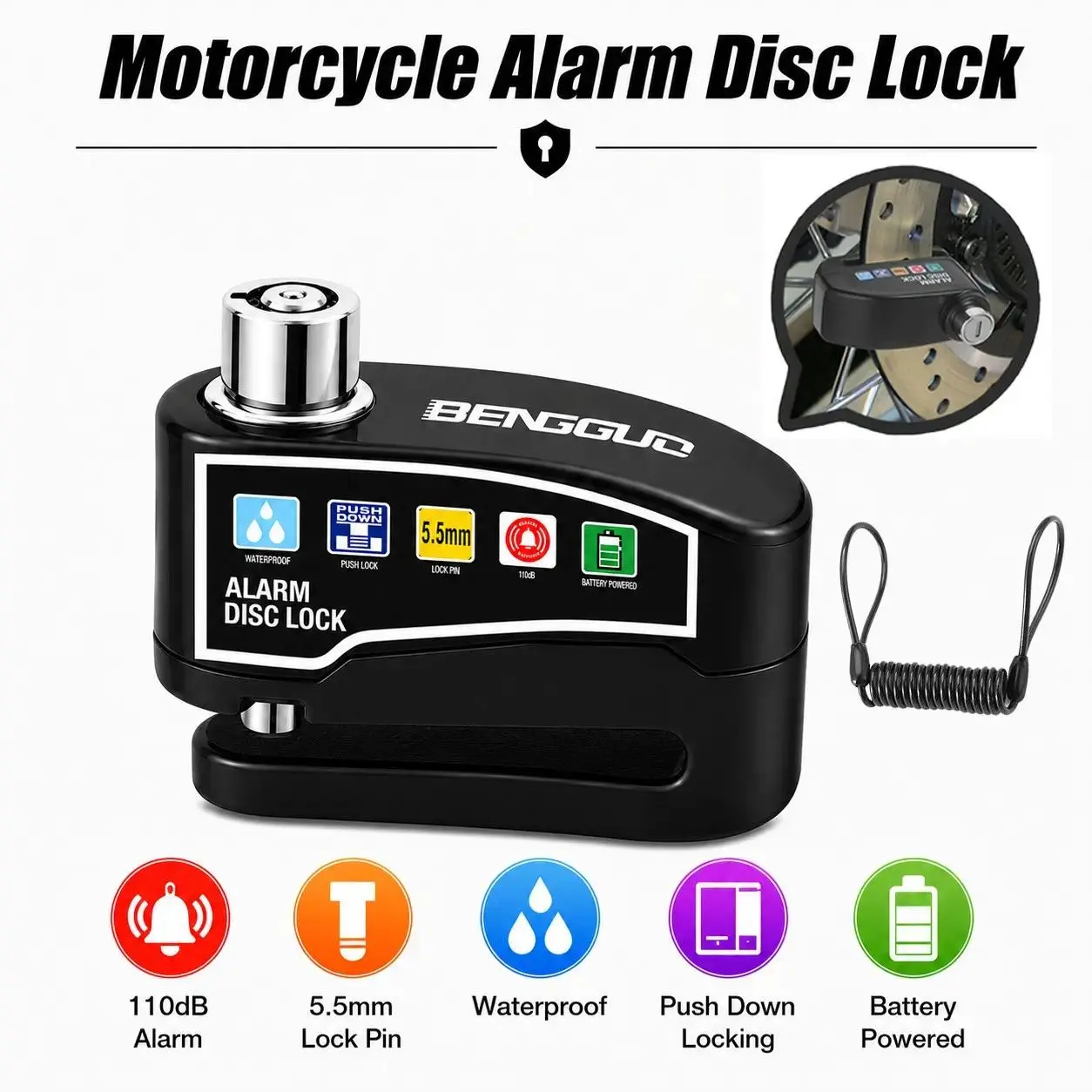 oein Loud Bike Security Lock, Disc Brake Lock, Top-Quality Motorcycle Lock, 110Db Alarm System, Vibration And Motion Detection, Expert Anti-Theft Features, User-Friendly And Portable, IP65 Rated, Motorcycle Locks Anti Theft