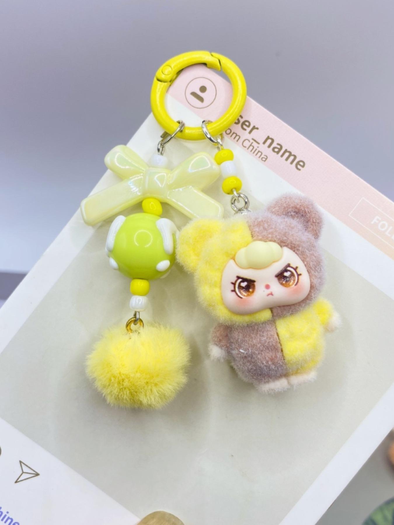 Kawaii Cute Dopamine Flocked 3-Year-Old Doll Keychain, Color Block Bow Moe Beads Bag Charm, Sweet Backpack Pendant Car Key Ornament Phone Strap, Ideal Birthday Christmas Valentine's Day Gift for Student Girls