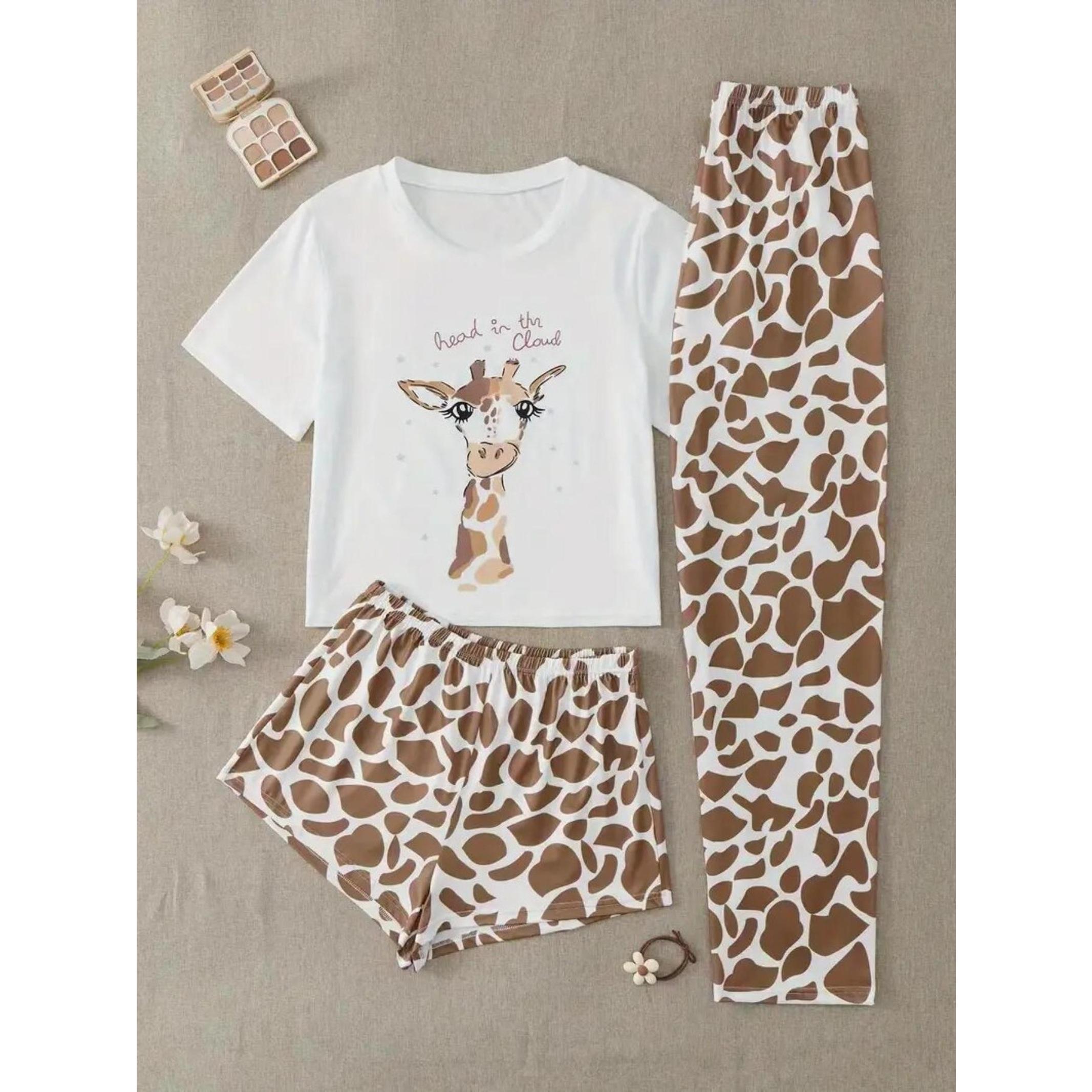 Women's Giraffe Print Short Sleeve Tee & Shorts & Pants Pyjama Set, Casual Comfy Round Neck Ladies Sleepwear Loungewear for All Seasons, Lightweight Casual Pajama Sets