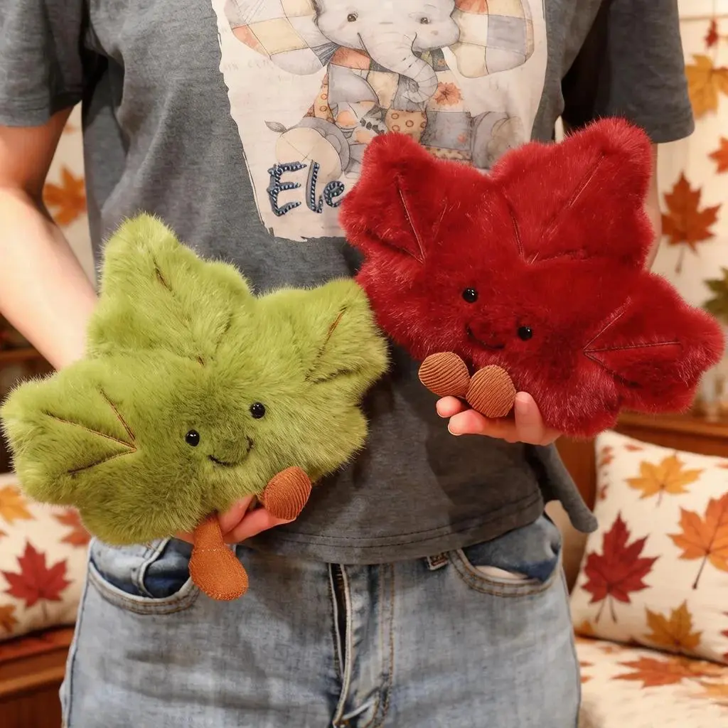 Cute Maple Leaf Plush Pillow Stuffed Red Green Plant Cushion with Legs Smiling Face Cute Plushie Sofa Chair Decor Gift
