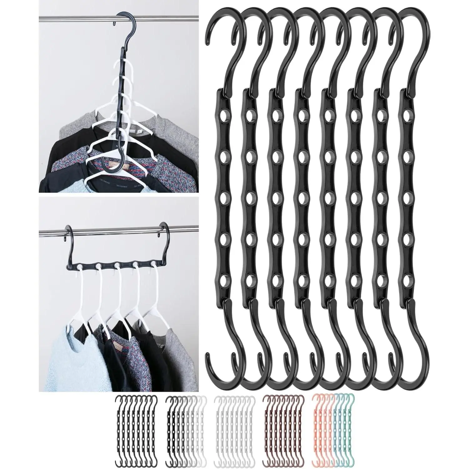 Space Saving Hangers, 8 pcs, 360° Rotating Hooks| Magic Cascading Hanger Organizer with 5 Enclosed Slots, Closet Organizers and Storage for Clothes
