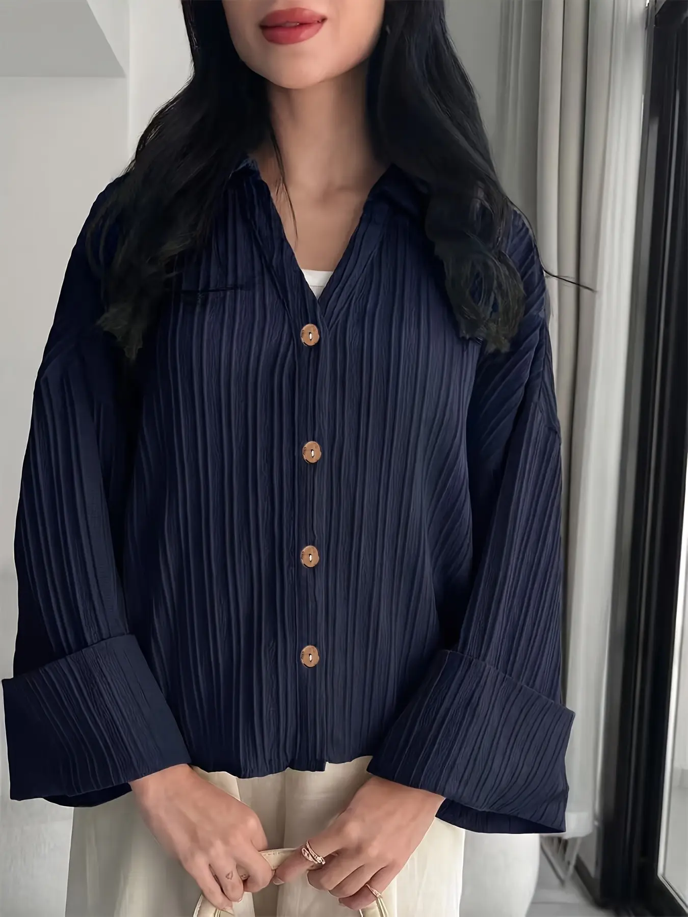 French Elegant Pleated Shirt, V Neck Wood Color Button Open Front, Loose Shoulder Long Sleeve Casual Work Top, All Seasons Women's Clothing