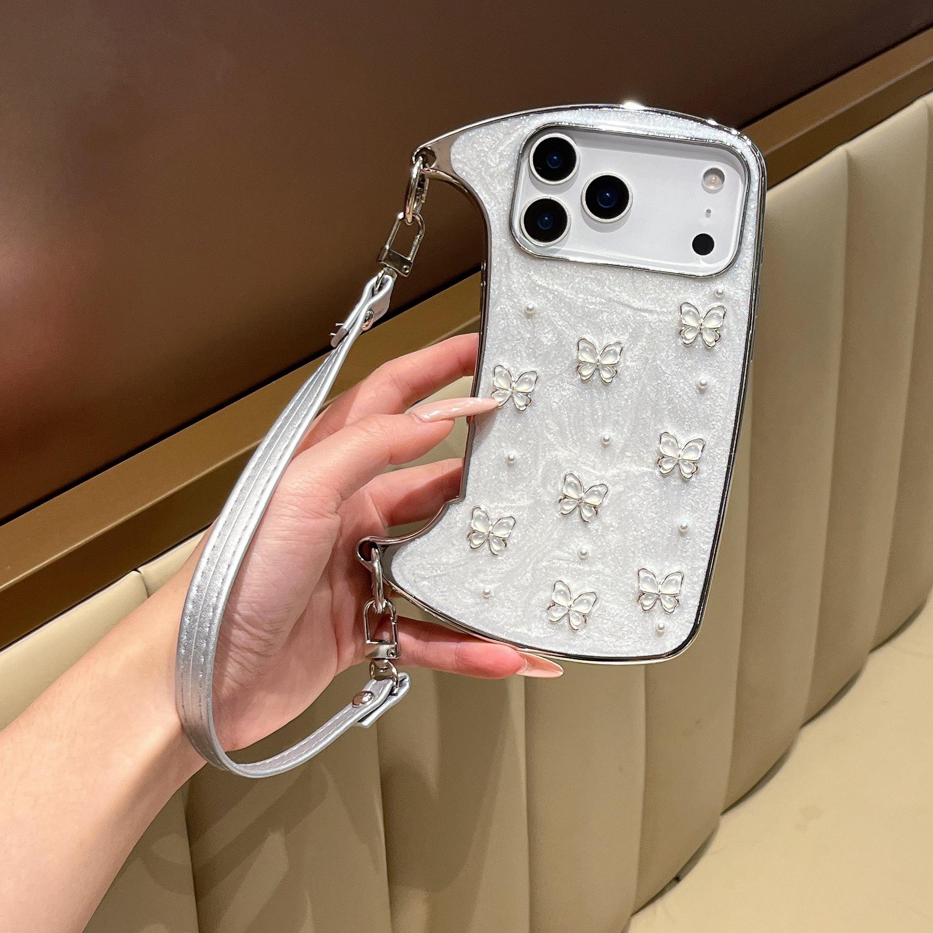 (Case & Nova) Luxury Drip Glaze Mini Handbag-Shape Chrome Case, Electroplated Frame, Pearl Butterfly Decor, Detachable Strap/Wrist Strap, Anti-Drop Shockproof Slim Hard Cover for iPhone 17 Pro Max,16,15,14,13,12,11 Cute Mobile Phone Accessory, Silicone Sh