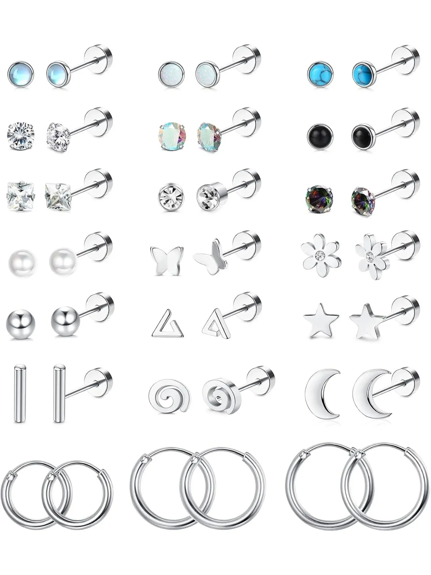 21 Pairs Small Flat Back Stud Earrings for Women Men Silver Surgical Steel Stud Earrings 20G Screw Back Flatback Earrings for Cartilage Ears