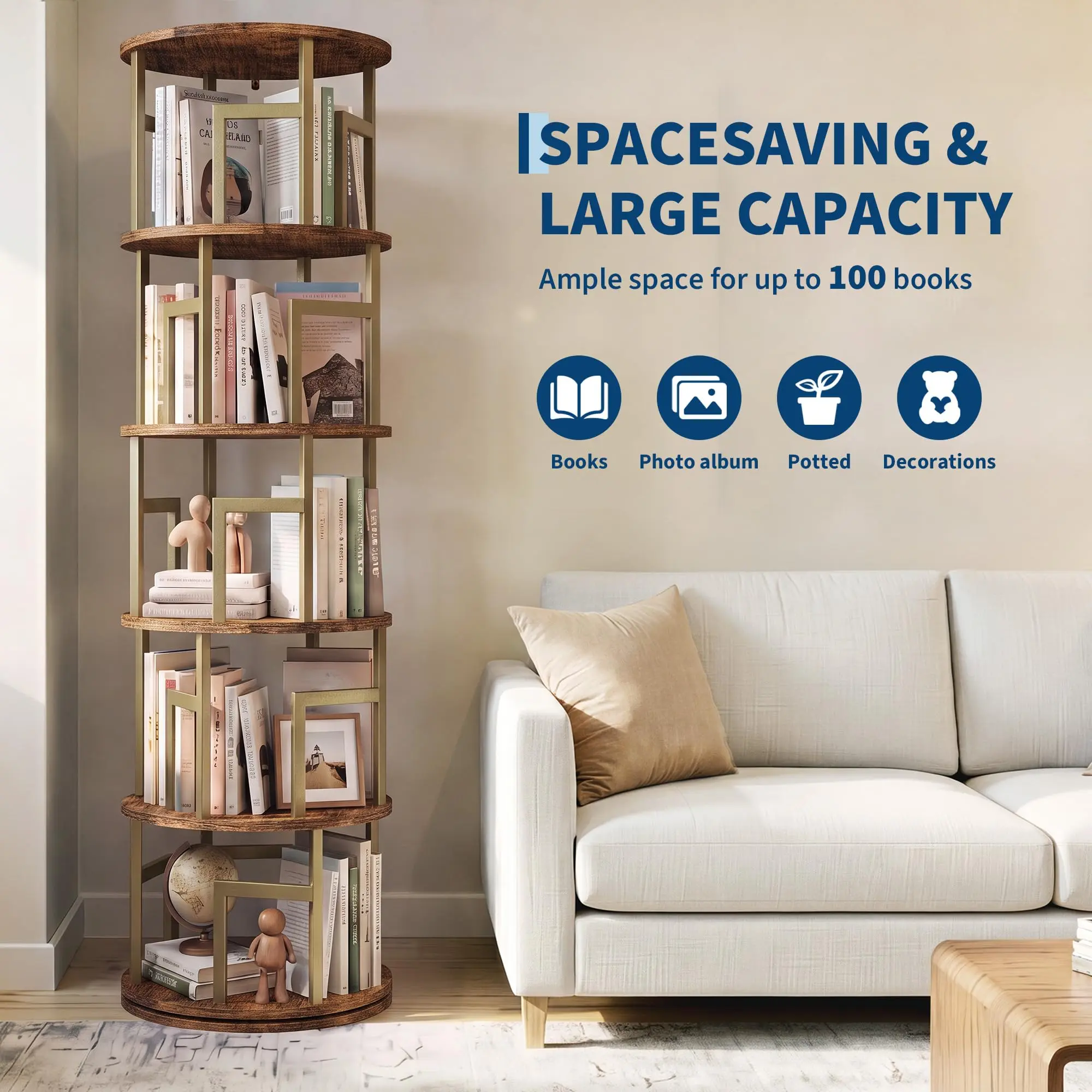 Rotating Bookshelf Tower with 360-Degree Swivel, Space-Saving Corner Bookcase Display Shelf – Sturdy Metal Frame for Home Office, Living Room, Compact Storage Unit