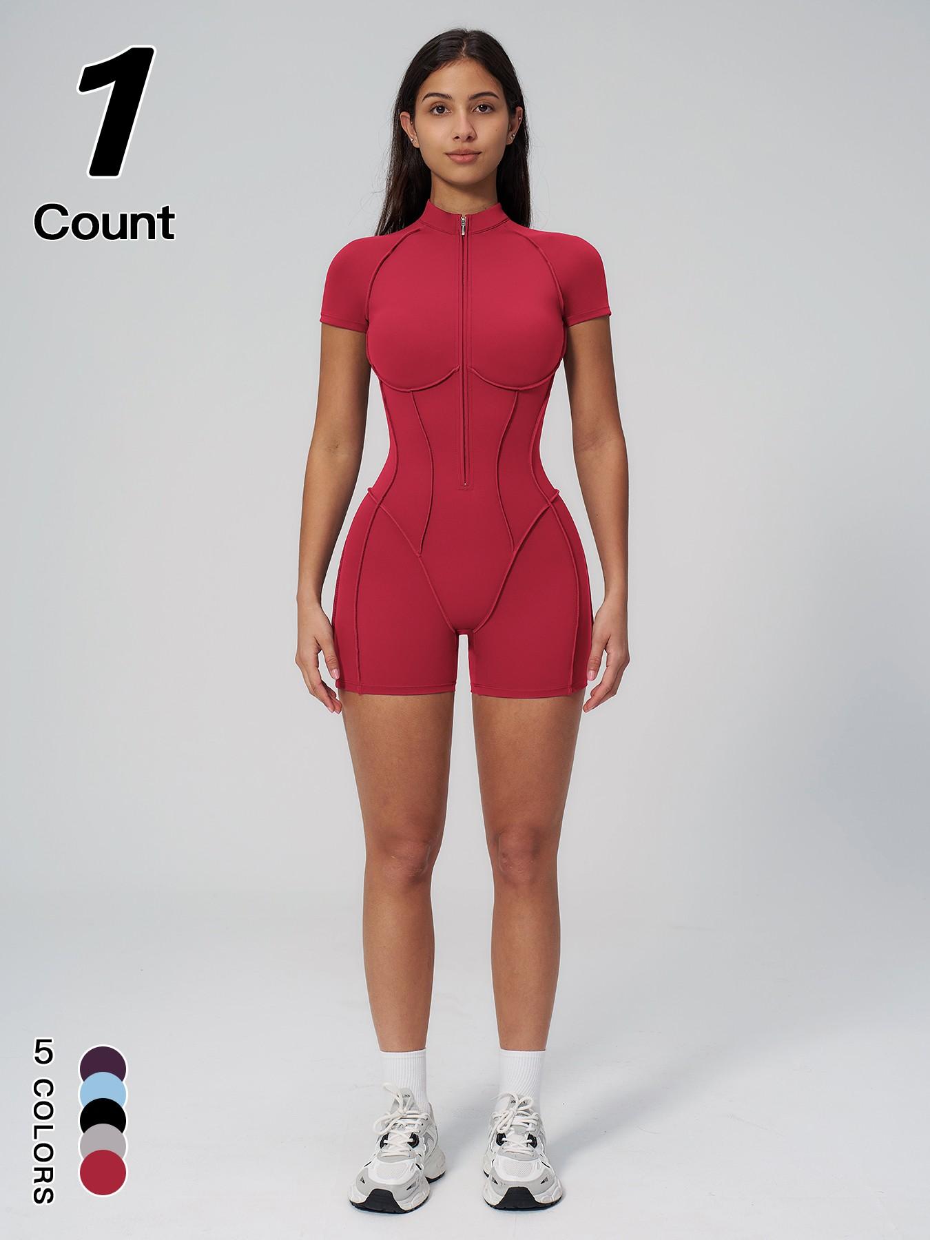 Women's Sportswear Half-Zip Stand Collar Shapewear Jumpsuit, Casual Slim-Fitting Short Sleeve Jumpsuit for All Seasons