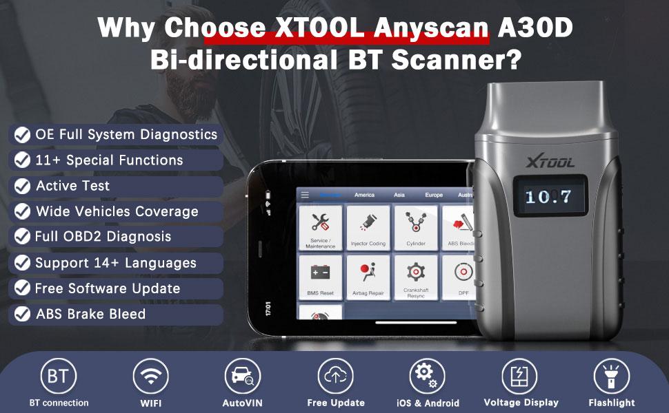 XTOOL A30D Bi-Directional Scanner, Lifetime Free Update, OE Full Systems Diagnostic Tool, 19+ Services, ABS Bleed, Injector Coding, Oil Light, EPB BMS TPMS SAS Reset, for DIYers Car obd2 scanner