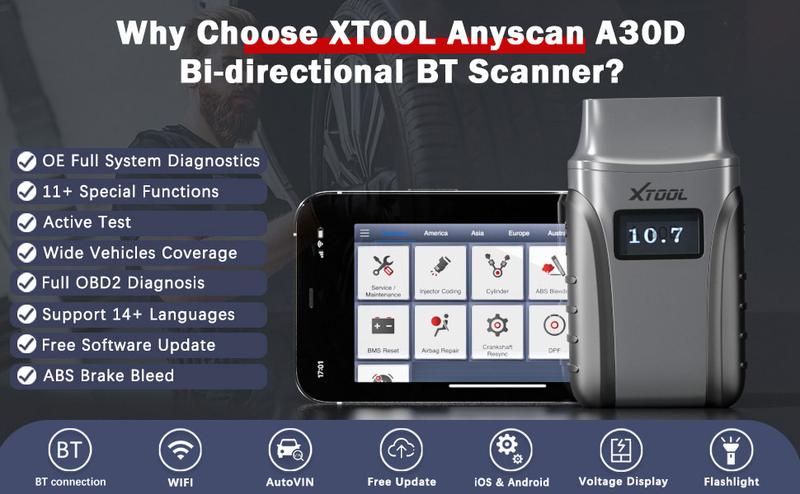 XTOOL A30D Bi-Directional Scanner, Lifetime Free Update, OE Full Systems Diagnostic Tool, 19+ Services, ABS Bleed, Injector Coding, Oil Light, EPB BMS TPMS SAS Reset, for DIYers Car obd2 scanner
