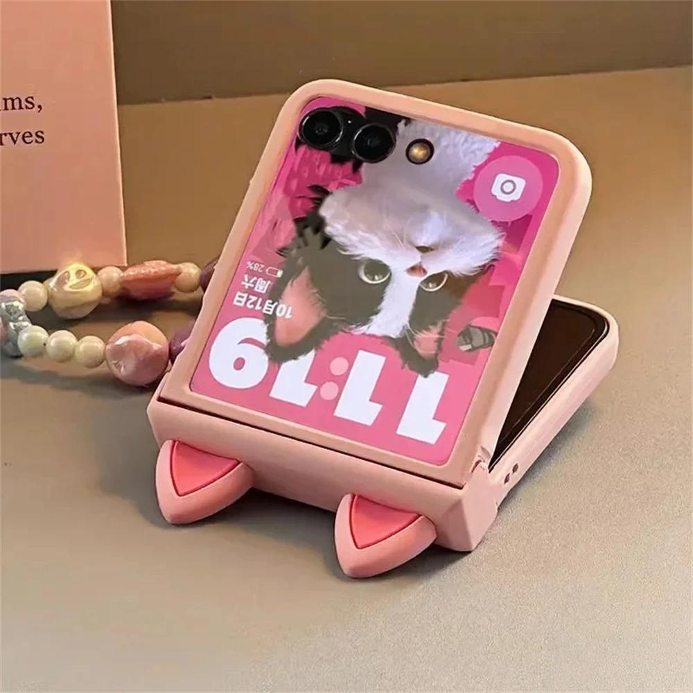 Japan Korean Cute Pink Ears Candy Bracelet Hinge Case for Motorola Razr 60 50 40 Ultra 60Pro Razr Plus 2023 2024 2025 Cover