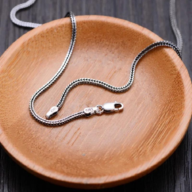 Pure S925 Sterling Silver Bright Classical Chopin Link Weave Fox Tail Pendant Chain Necklace 1.6mm Thick Men Woman Fine Jewelry