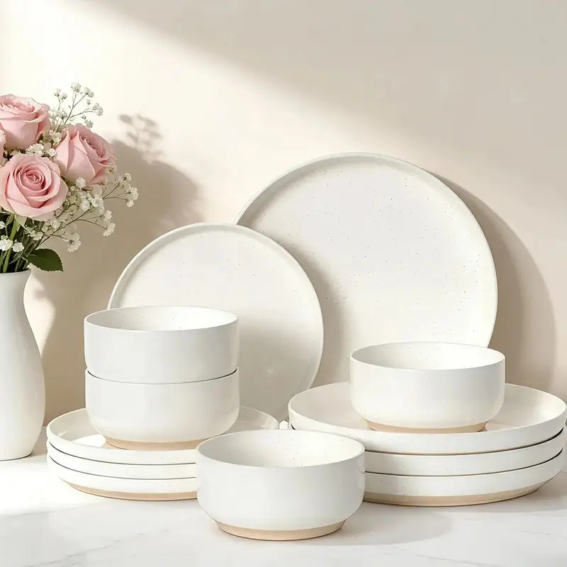 12-Piece Ceramic Tableware Set, 4-Person Ceramics Bundle Dinner Sets, Scratch-Resistant, Microwave & Dishwasher Safe, Cream White Kitchen Tableware