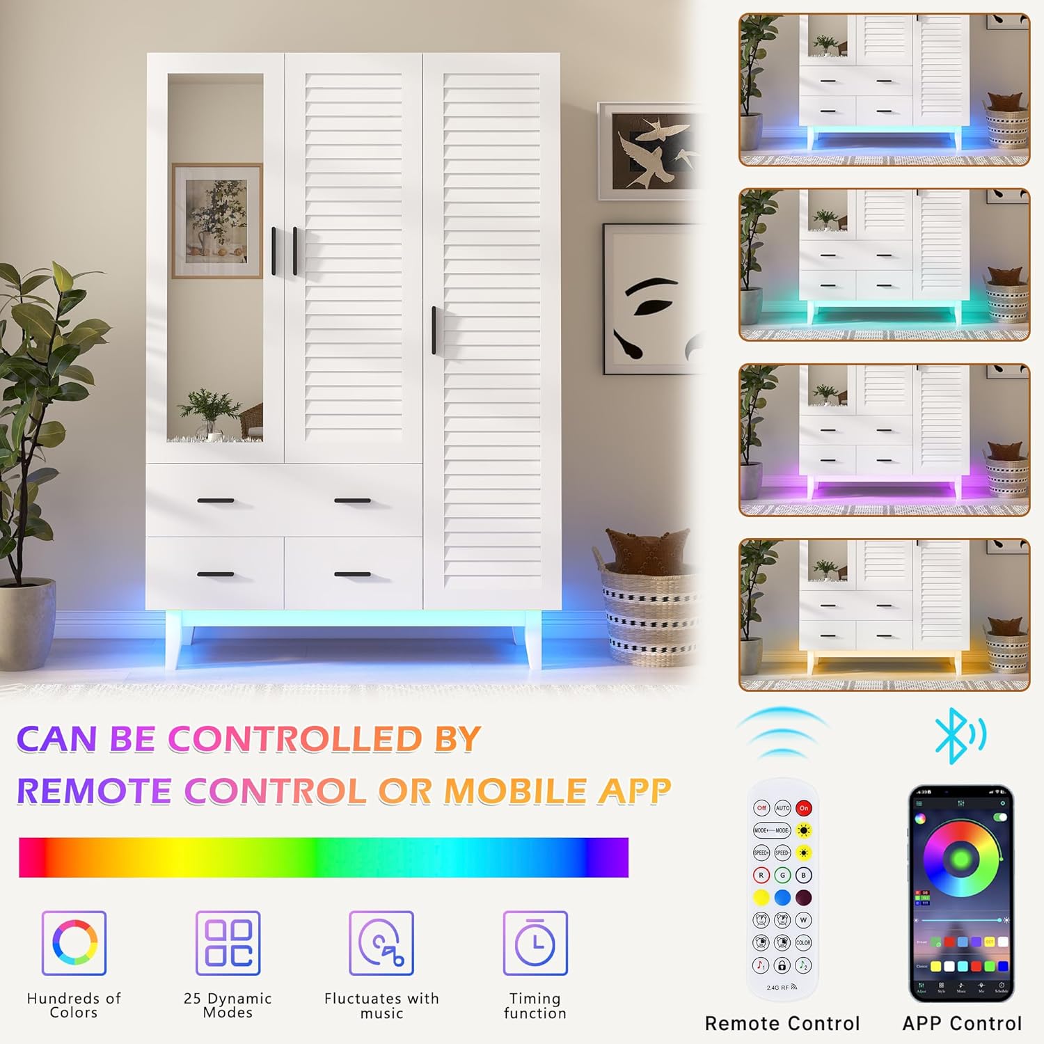 2/3/4 Door Armoire Wardrobe Closet Cabinet with Drawers and LED Lights, Multi-Tier Shelves, Hanging Rod & Louver Doors, Large Capacity Storage Wardrobe Armoire for Bedroom(Black/white) 2/3/4 Door Armoire Wardrobe Closet Cabinet with Drawers and LED Lights, Multi-Tier Shelves, Hanging Rod & Louver Doors, Large Capacity Storage Wardrobe Armoire for Bedroom(Black/white)