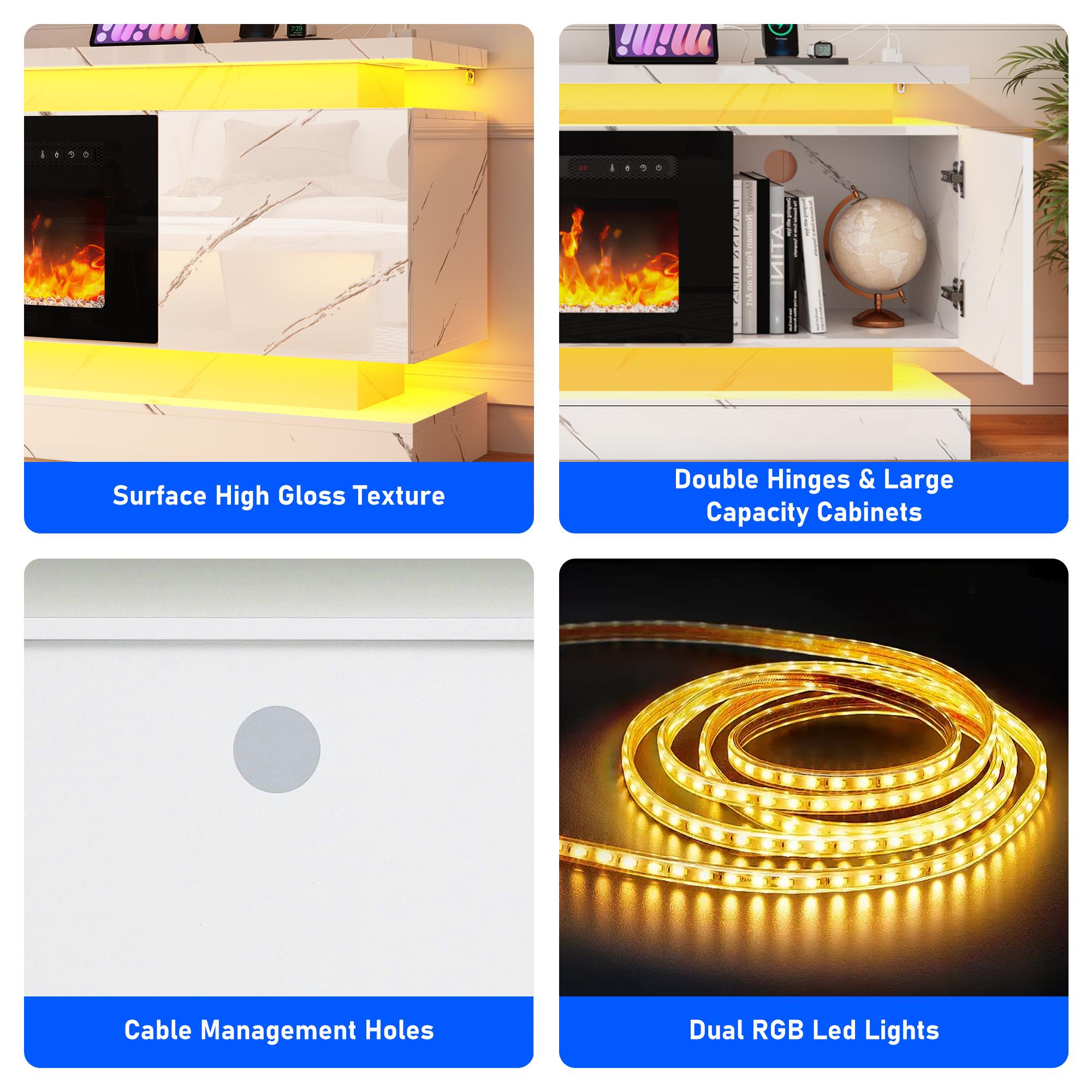 71in Fireplace TV Stands w/40 inch Fireplace Power Outlet for 85/80/75 Inch TV,High Glossy Modern TV Console Gaming Entertainment Center with 2 Storage Cabinets,Dual LED Lights,Black/White