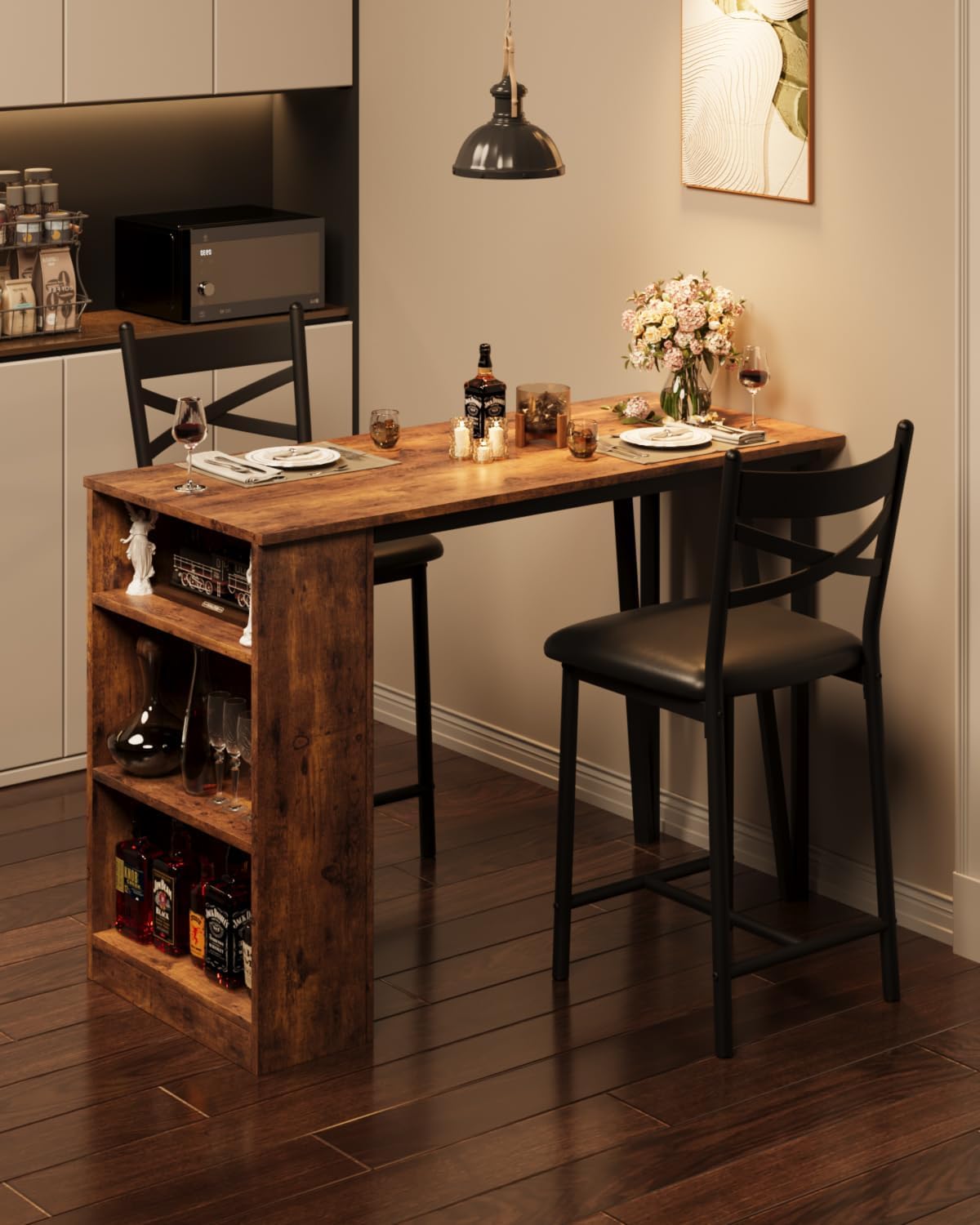 3-Piece Dining Table Set, Counter Height Kitchen Table Set for 2 with 3 Storage Shelves, Expandable Bar Table with 2 Cushioned Chairs for Small Spaces, Apartment 3-Piece Dining Table Set, Counter Height Kitchen Table Set for 2 with 3 Storage Shelves, Expandable Bar Table with 2 Cushioned Chairs for Small Spaces, Apartment