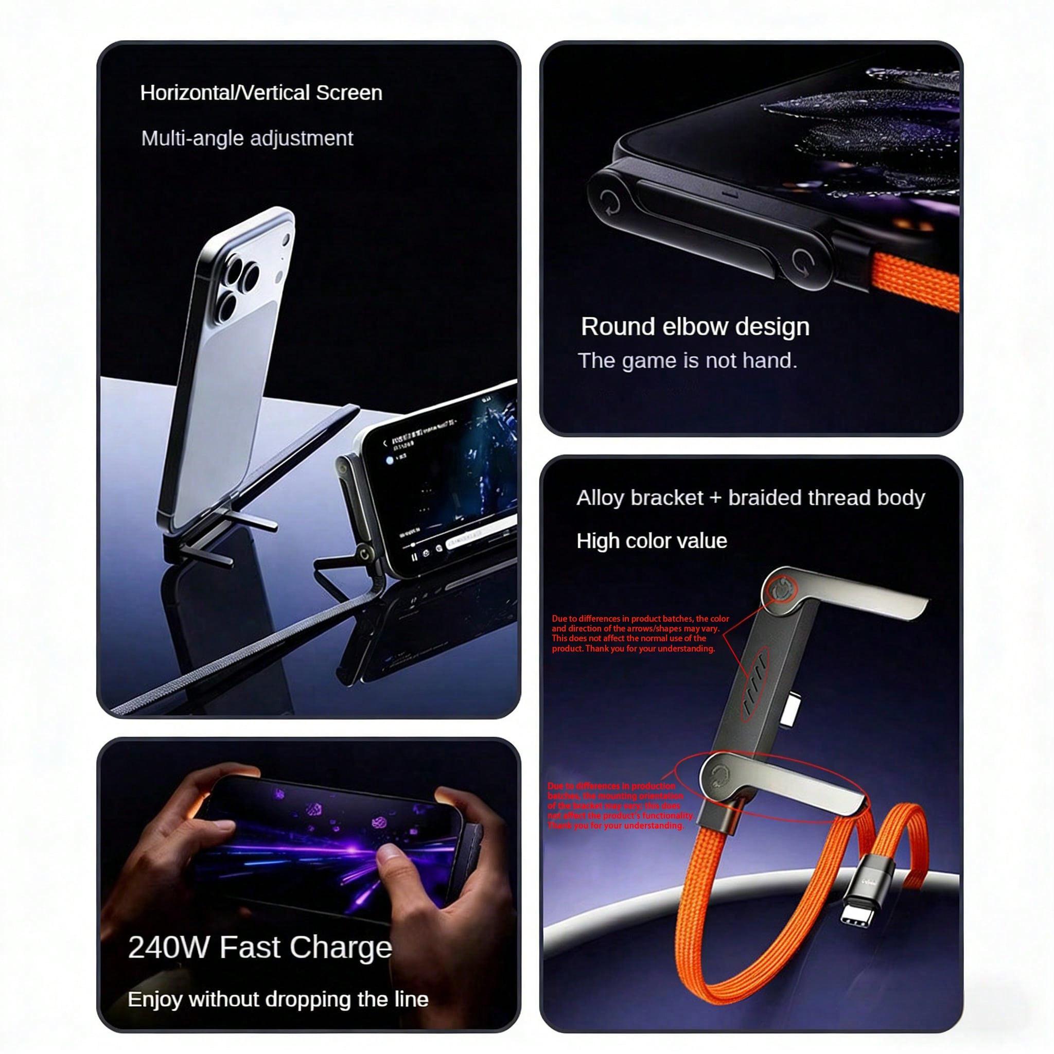 240W (Max) Orange Fast Charging Braided Data Cable, 2026 Latest Orange Stand Data Cable, featuring nylon braided material, supporting fast charging, with integrated phone stand, T-shaped foldable design, USB-C to Type-C interface. Compatible with iPhone 1