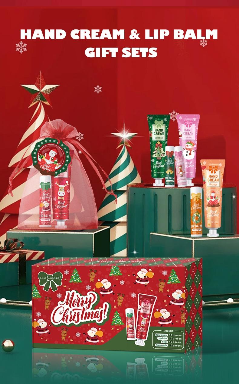 Christmas Gift Set, Beautiful Gift Box, Hand Cream & Lip Balm Kit with Santa Card & Bag, Party Favors, Women's Christmas Present, 10 Sets Per Box