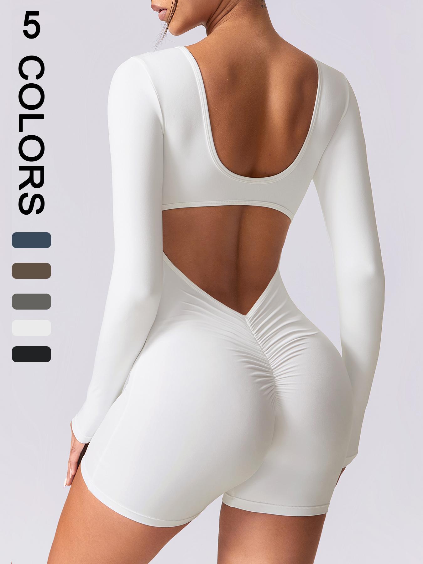 Women's Seamless High Elastic Soft U-Neck Back Hollow-Out Hip Lifter Yoga Suit Four Seasons Outdoor Running Cycling Climbing Walking Fashion Siaman Shorts Gym Sports Training All-match Long-sleeved Shorts, Stretchable Activewear Workout Jumpsuit