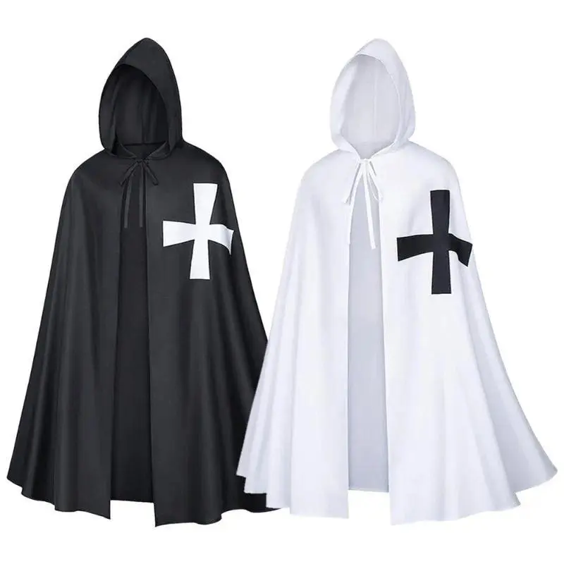Medieval Crusader Costume Templar Cape Cloak with Hood Men's Renaissance Robe Knight Larp Halloween Outfit for Adult Teen Boys