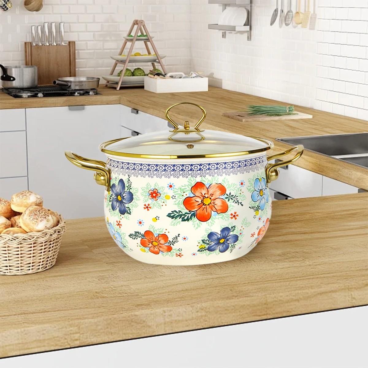 Flower Pattern Stockpot with Lid, Ceramic Soup Pot with Handle, Large Capacity Cooking Pot for Home Kitchen, Double Ear Design