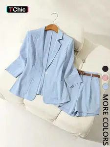 Women's Commuter Office Style Suit V Neck Jacket + Short Pants Set, Essential for Work/travel, Includes Pockets, 2 Piece Set