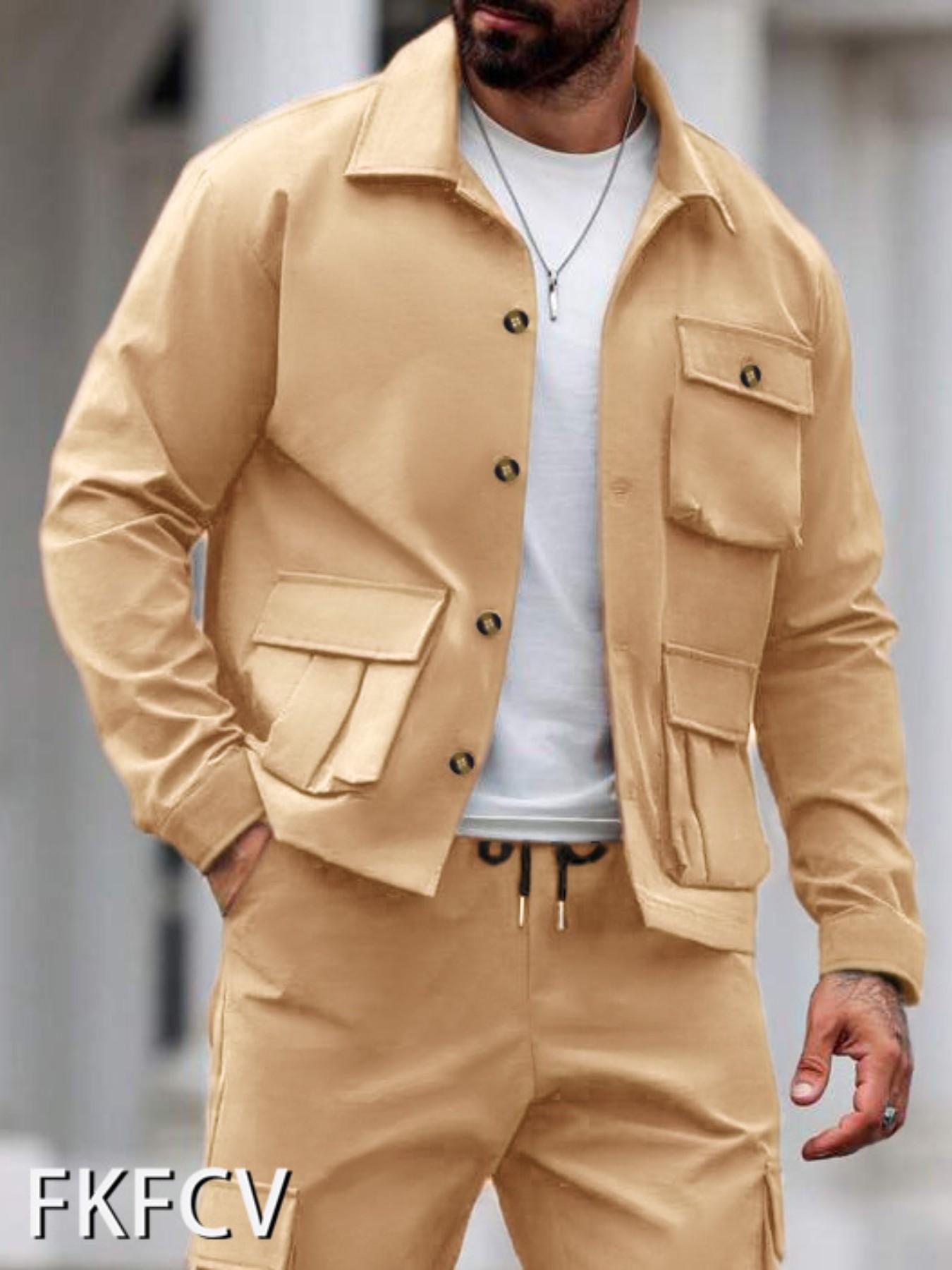 Fkfcv High-Quality Fabric Men's Jacket, Stylish Classic Long Sleeve Streetwear with Pockets, Perfect for Cold Autumn and Winter Seasons