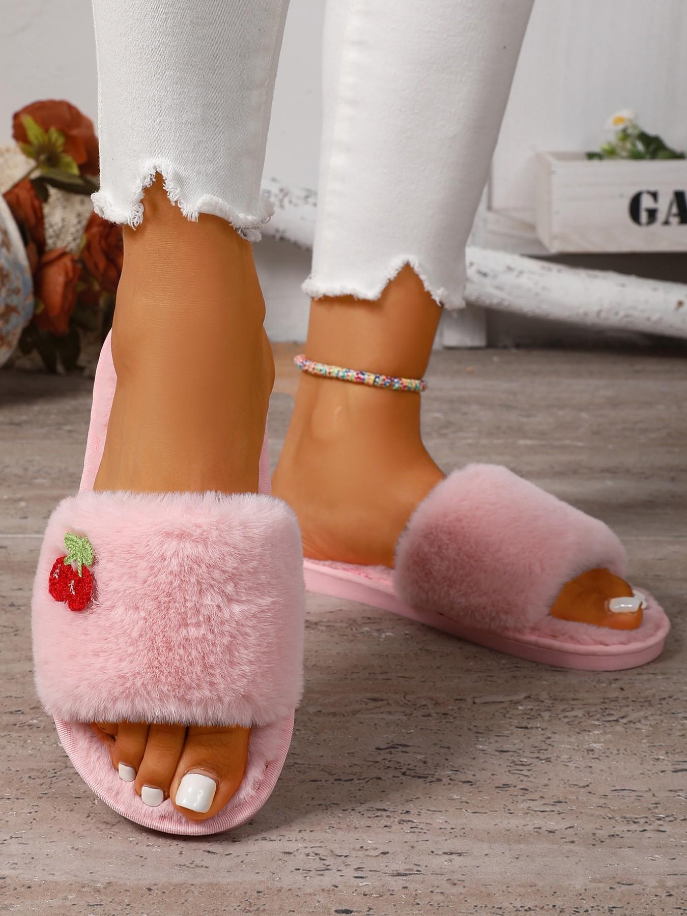 Cute Cherry Plush Casual Women's Slippers, Comfortable Indoor Warm Shoes, Fashion Home Footwear, Soft Textile Upper, Rubber Sole