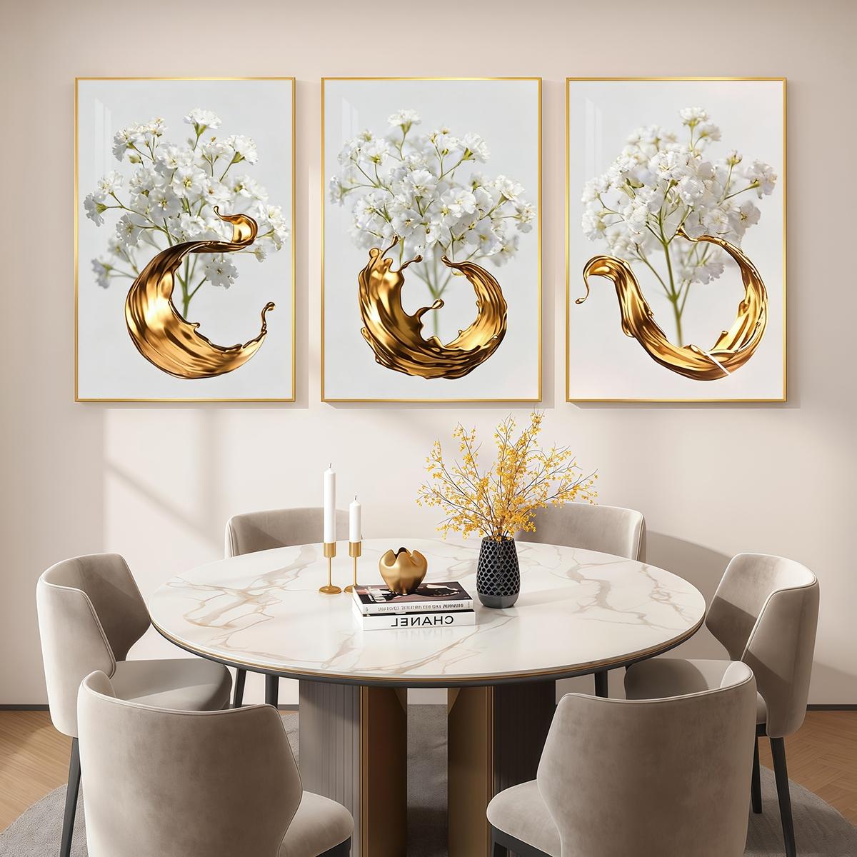 3 Counts Aluminum Alloy Framed Painting, White Flowers With Golden Liquid Art Pictures, Home Decoration For Living Room, Bedroom, Office, Restaurant, Hallway Wall Decor, Odorless Print Artwork, Luxury Perfect Gift For Friends And Family