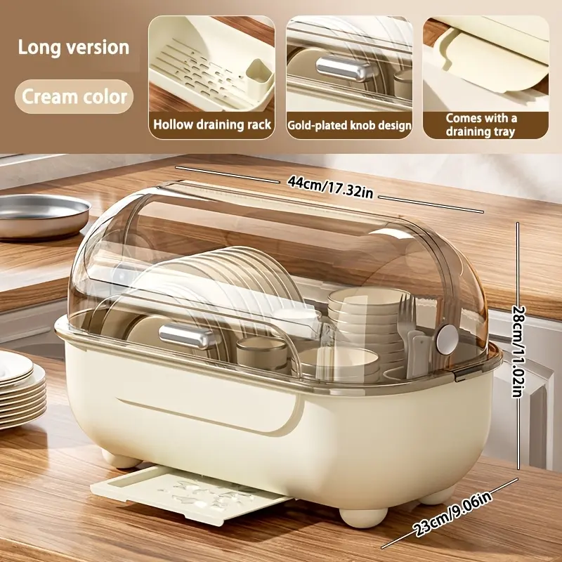 1 Piece Covered Drawer-Style Dish Rack with Water Draining Base. Multifunctional Dustproof Tableware Storage Cabinet, no standing water. Works on countertops and inside cabinets, perfect for kitchen bowl and plate storage.