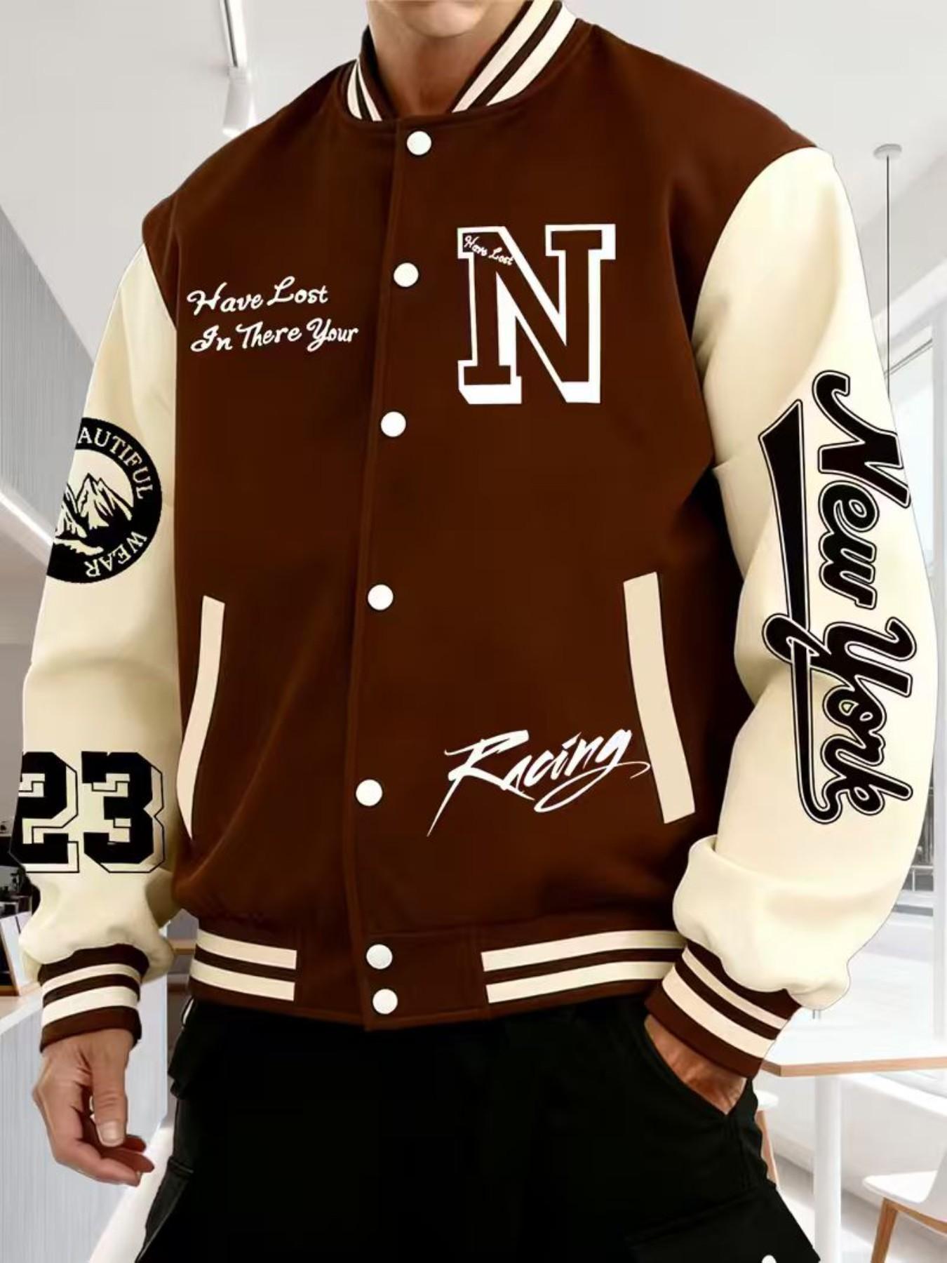 Men's Baseball Jacket N Letter Print, Button Closure Stretchable Fabric, Casual Daily Wear, Pockets, Long Sleeve, Comfortable Lining