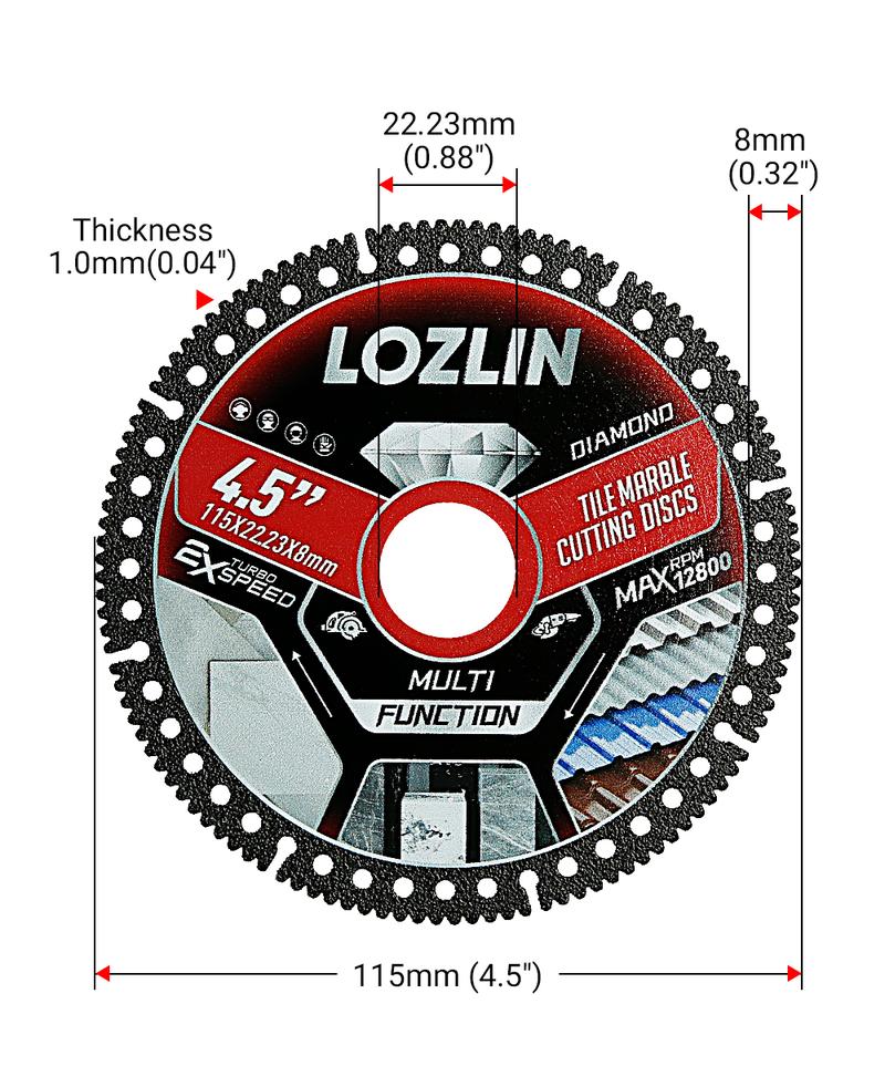 LOZLIN 3PCS 4.5" Multi-functional Diamond Tile Cutting Blades - Ultra-Thin Dry Cutting Dics for Marble, Tile, Ceramic, Metal  - Angle Grinder Saw Blades