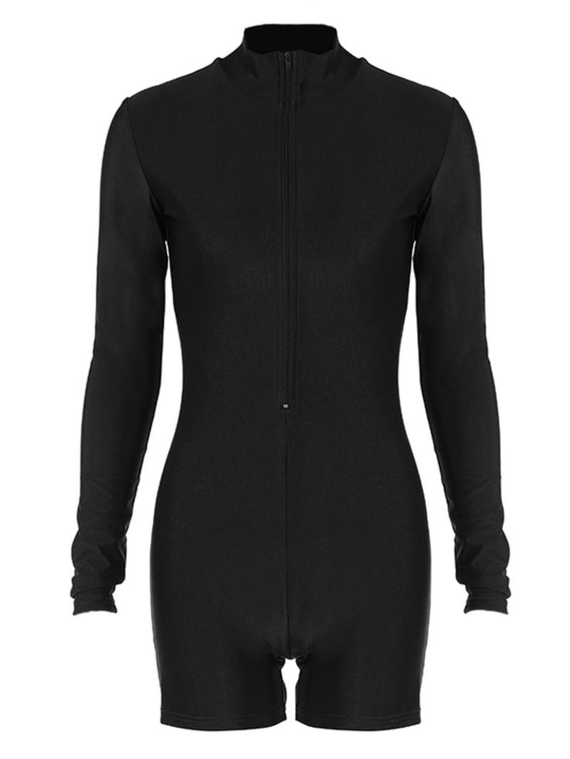 Women's Solid Zip Up Mock Neck Bodycon Romper, Casual Long Sleeve Jumpsuit for Fall & Winter, Women's Clothes for Daily Wear