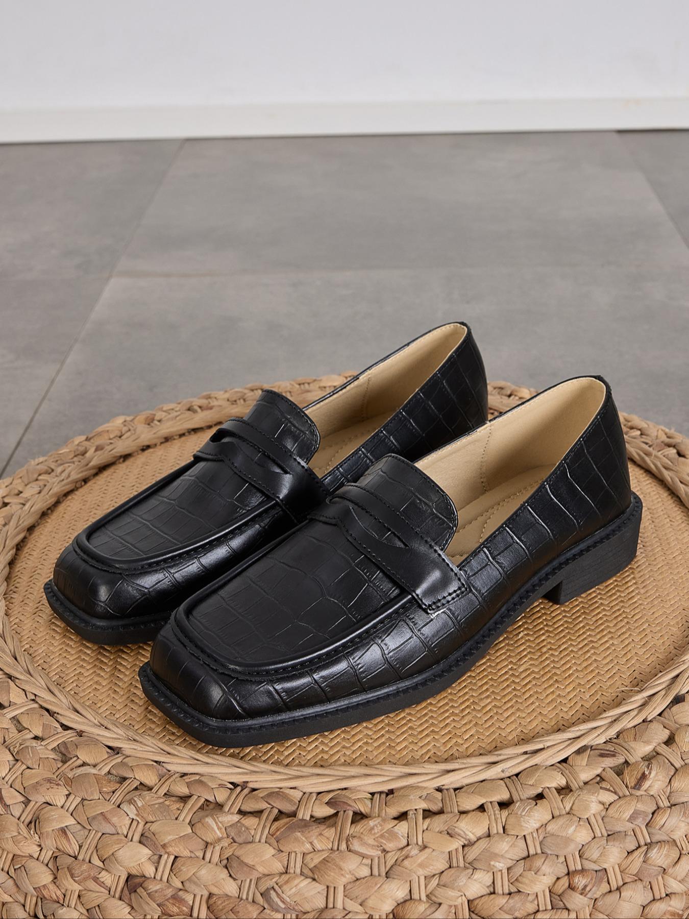 Women's Fashion Fall New Thick Sole Square Toe Soft PU Leather Shoes, Slip-On Comfortable Loafers for Work & Casual Wear