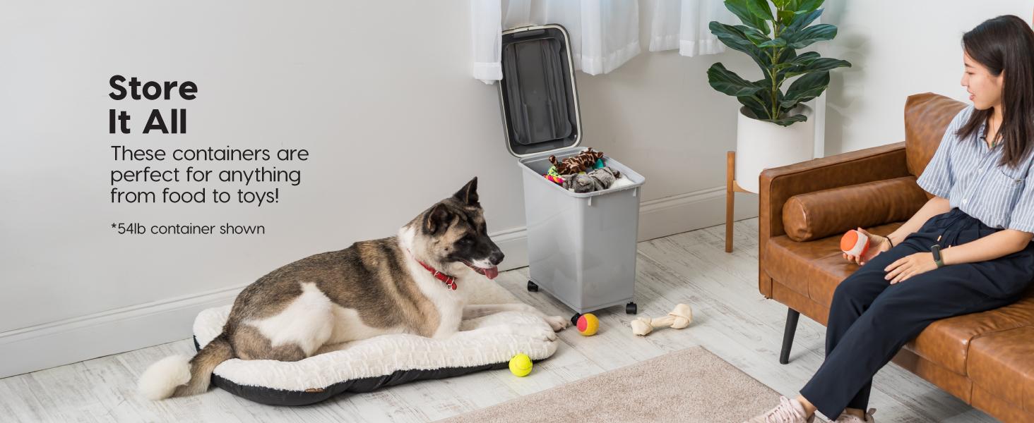 USA Dog Food Storage Container with Wheels, Airtight Lid, 2-Cup Scoop, Up to 40 Pounds Pet Food Storage, Built in Scoop Storage in Lid, Versatile Pet Food Bin, Portable, BPA Free, Gray/Dark Gray